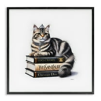Stupell Industries Fashion Books & Cat Animals Painting Black Framed Art Print Wall Art, 12 x 12