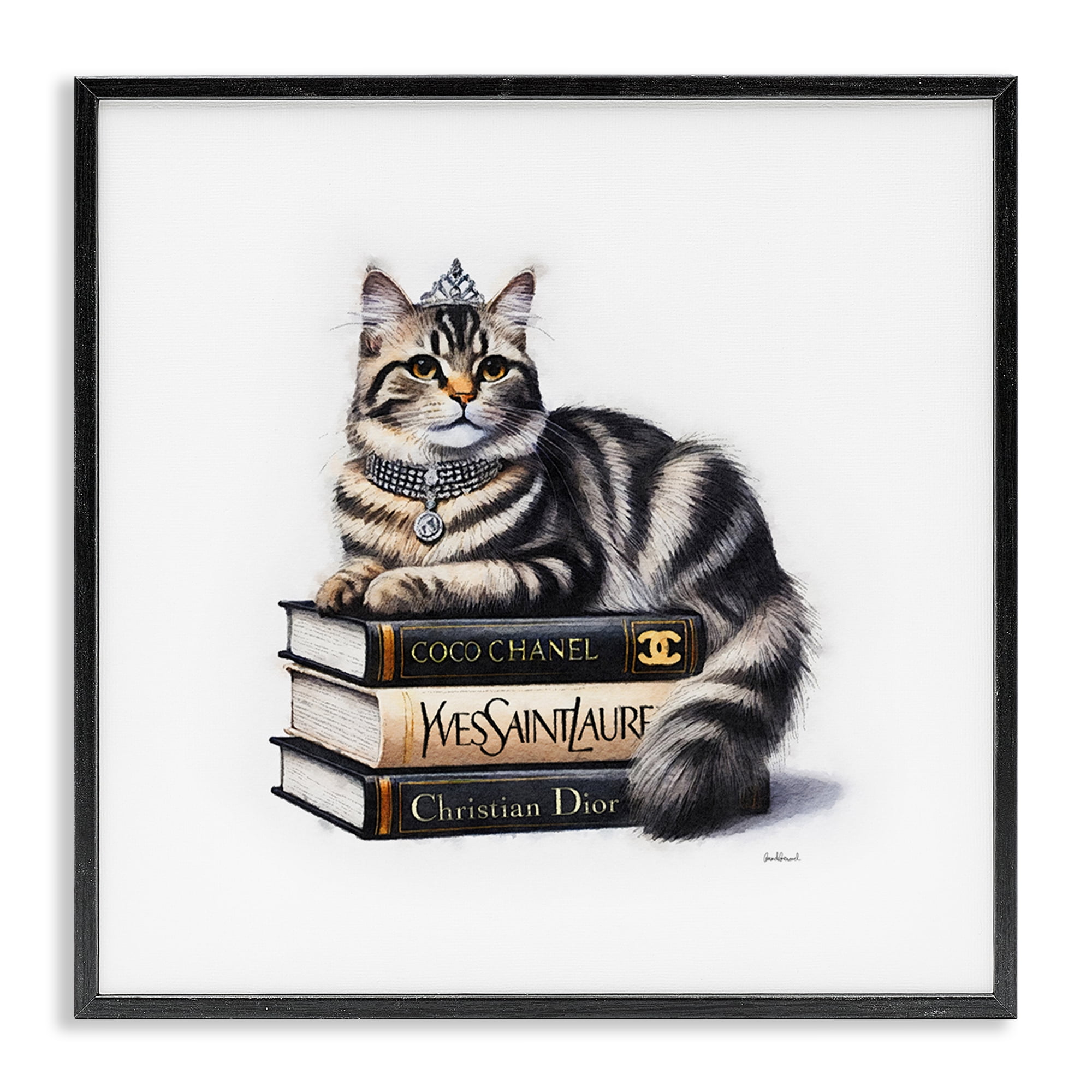 Stupell Industries Fashion Books & Cat Animals Painting Black Framed Art Print Wall Art, 17 x 17