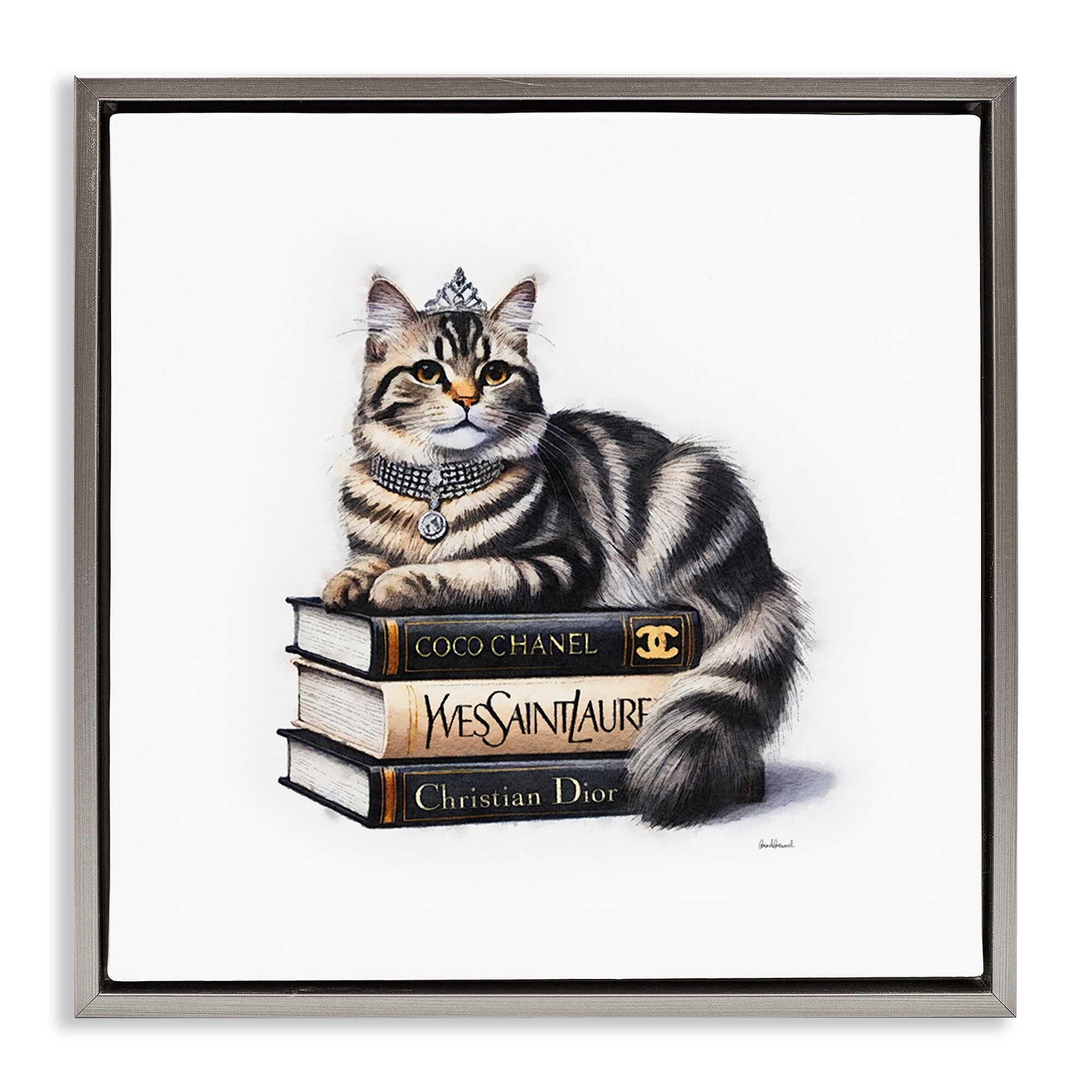 Stupell Industries Fashion Books & Cat Animals Painting Gray Floater Framed Canvas Art Print Wall Art, 25 x 25