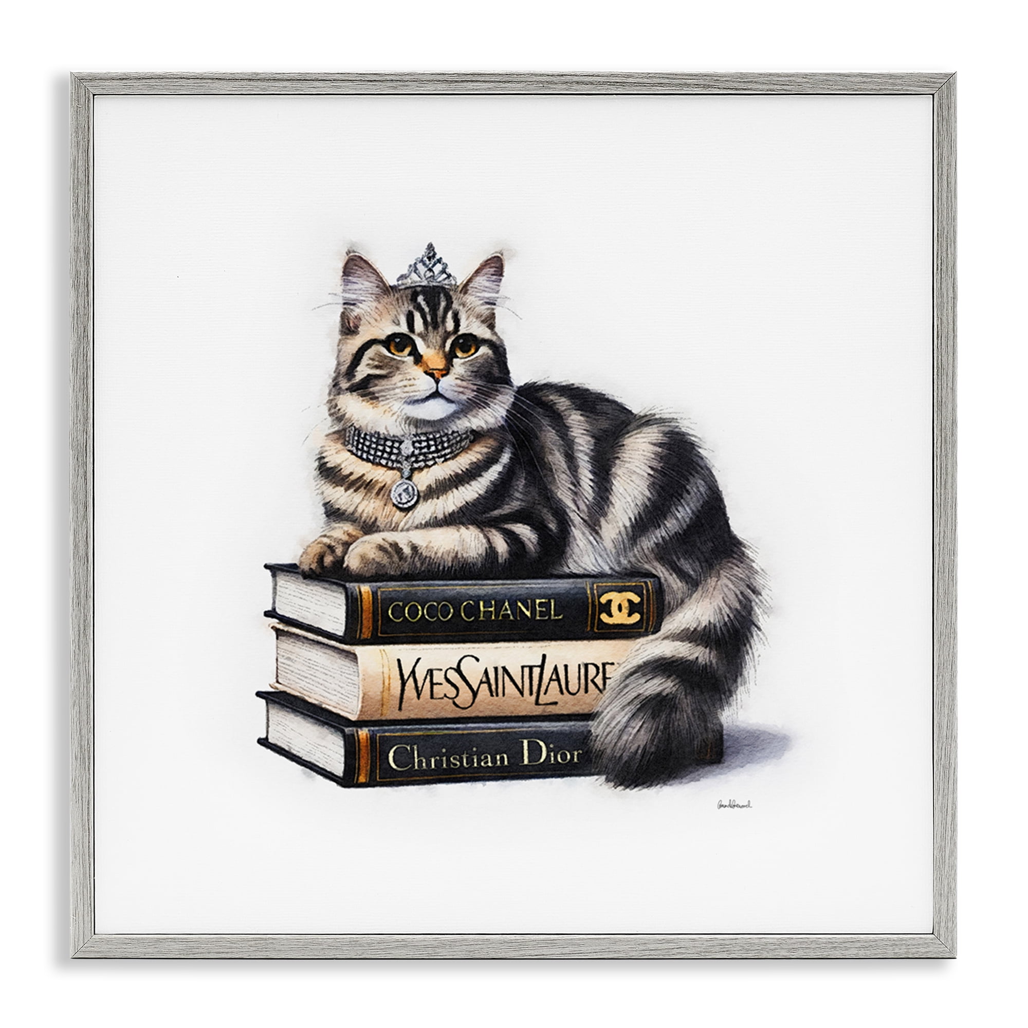 Stupell Industries Fashion Books & Cat Animals Painting Gray Framed Art Print Wall Art, 24 x 24