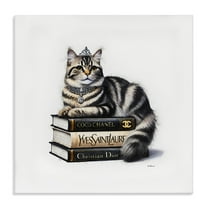 Stupell Industries Fashion Books & Cat Animals Painting Wrapped Canvas Art Print Wall Art, 17 x 17