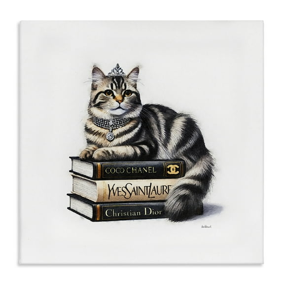 Stupell Industries Fashion Books & Cat Animals Painting Wrapped Canvas Art Print Wall Art, 17 x 17