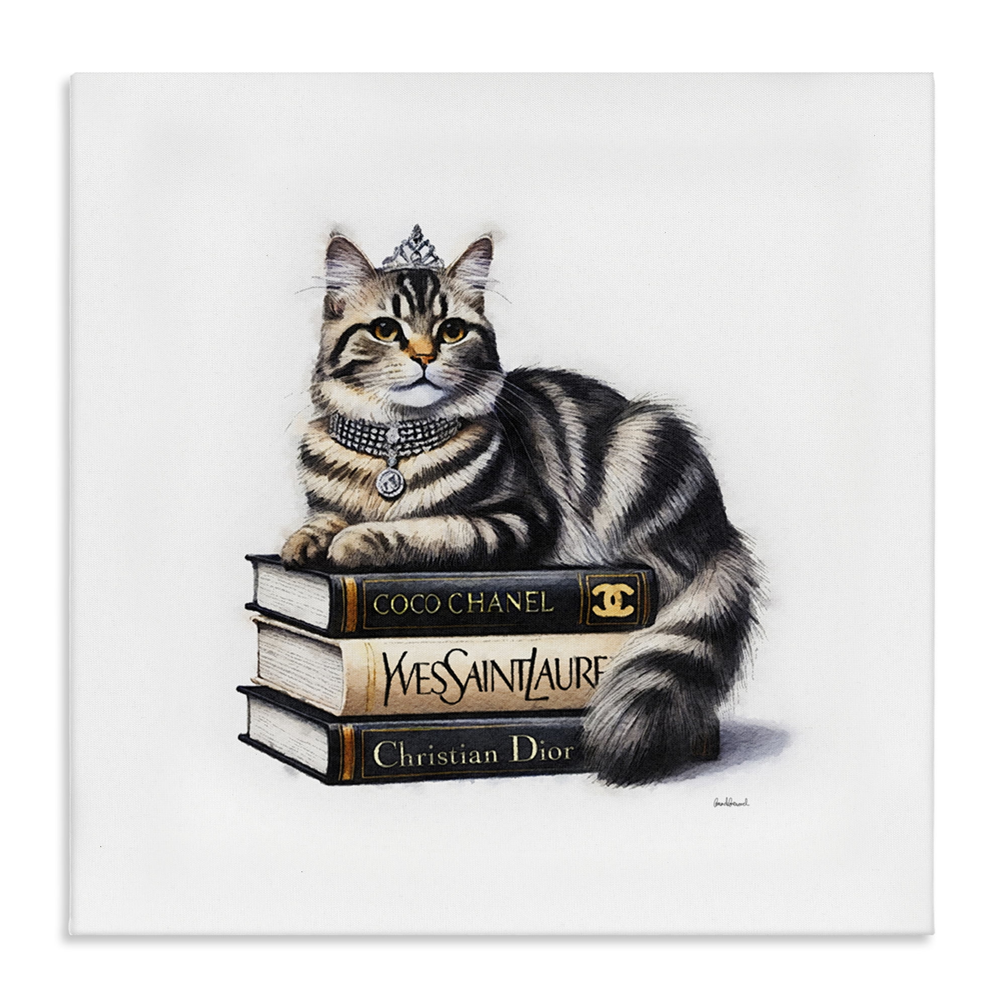 Stupell Industries Fashion Books & Cat Animals Painting Wrapped Canvas Art Print Wall Art, 24 x 24