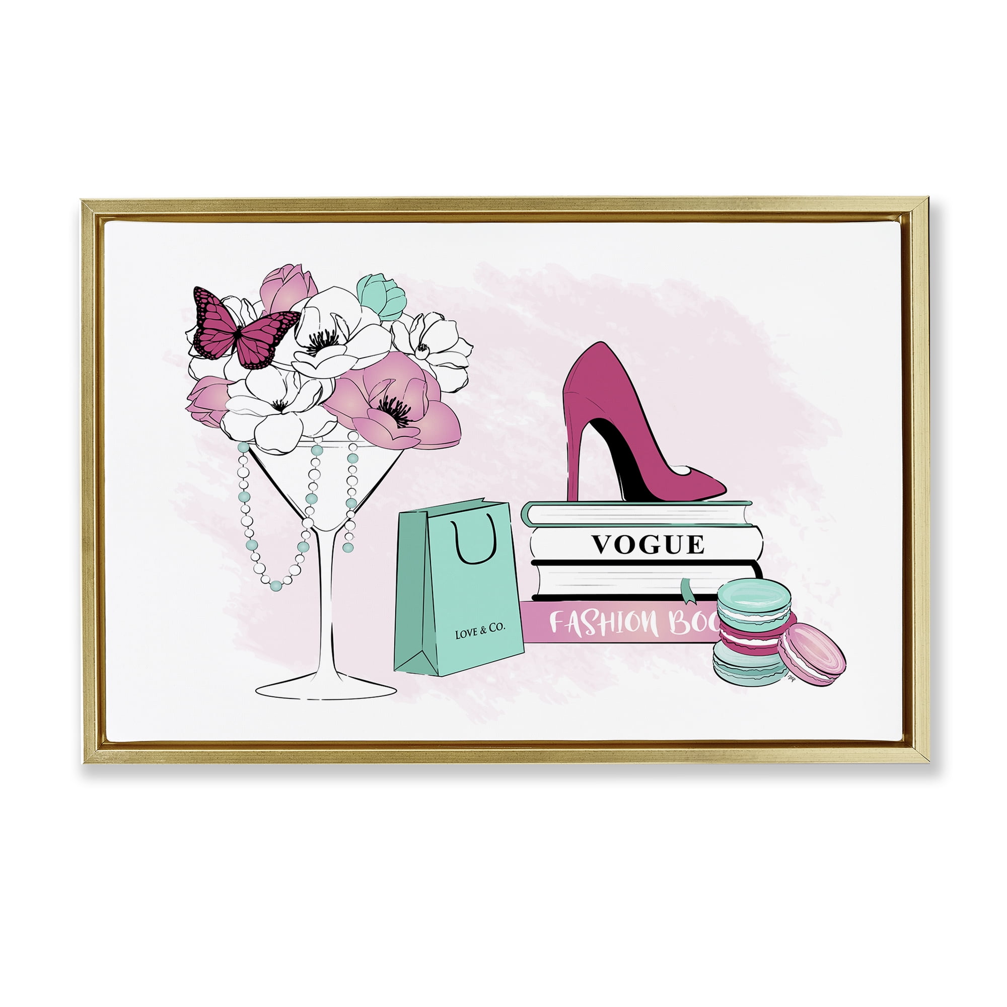 Stupell Industries Fashion Books Scene Fashion Painting Gold Floater Framed Canvas Art Print Wall Art, 25 x 17
