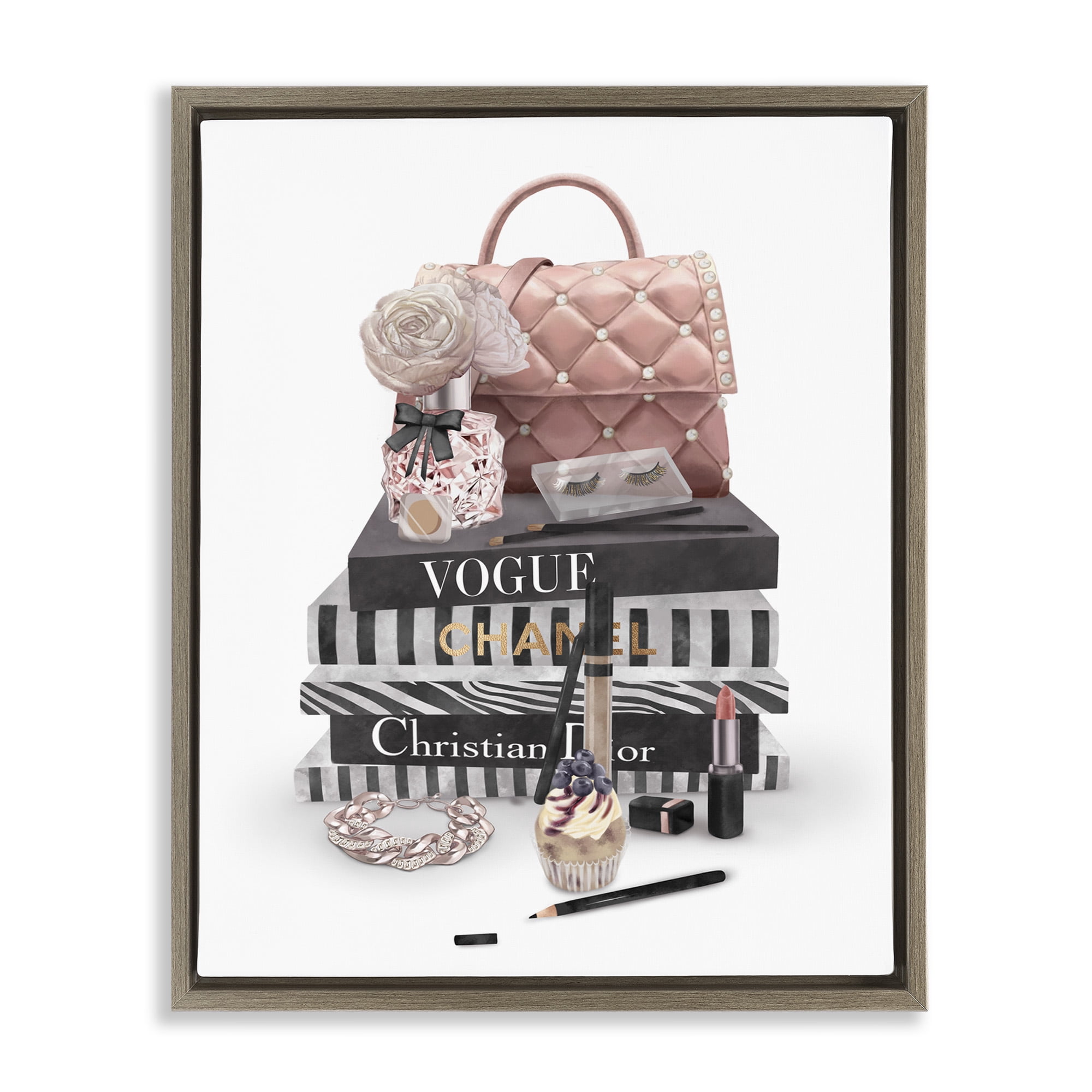 Stupell Industries Fashion Bookstack Accessories Beauty & Fashion Painting Brown Floater Framed Canvas Art Print Wall Art, 25 x 31