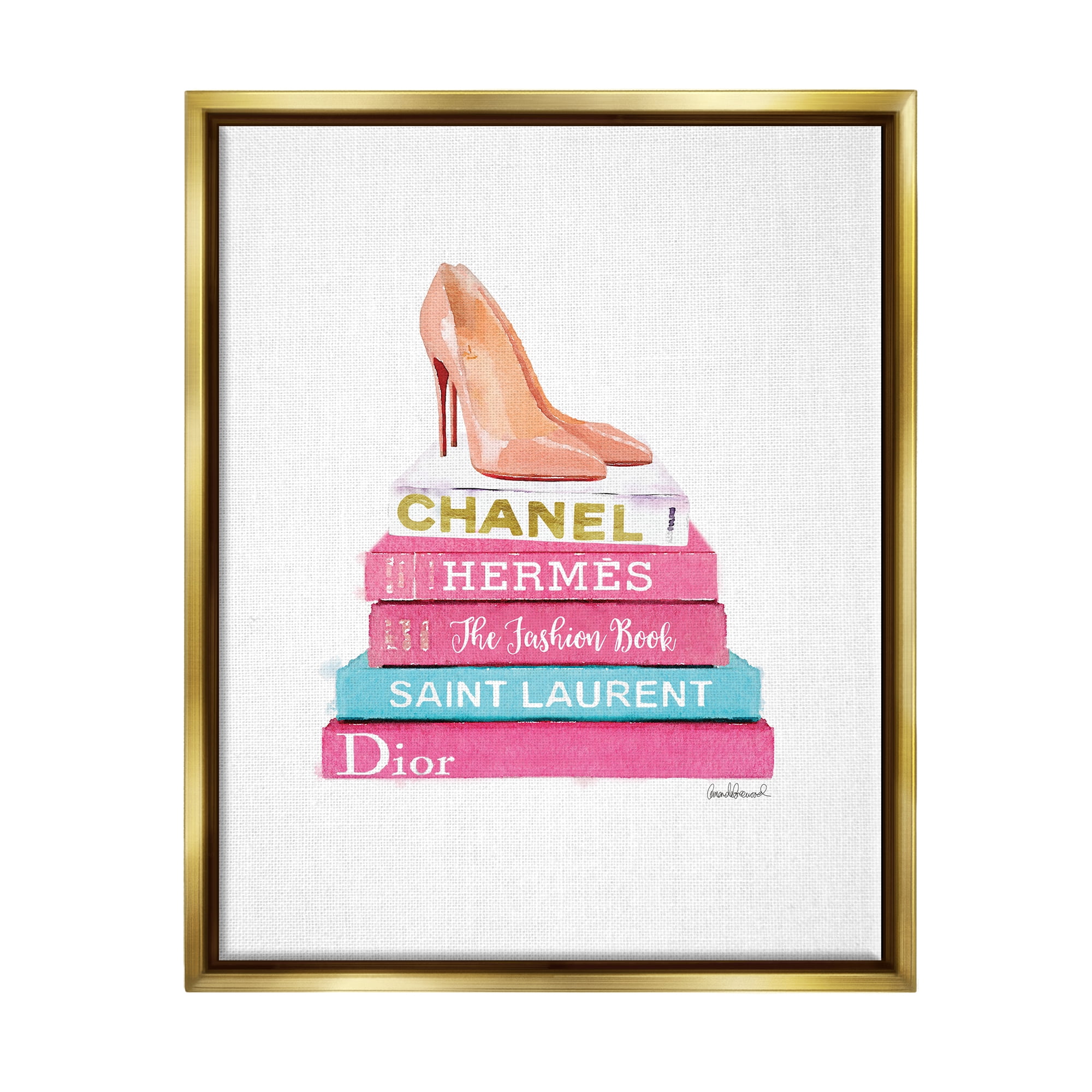 Stupell Industries Fashion Bookstack Heels Beauty & Fashion Painting Gold Floater Framed Canvas Art Print Wall Art, 17 x 21