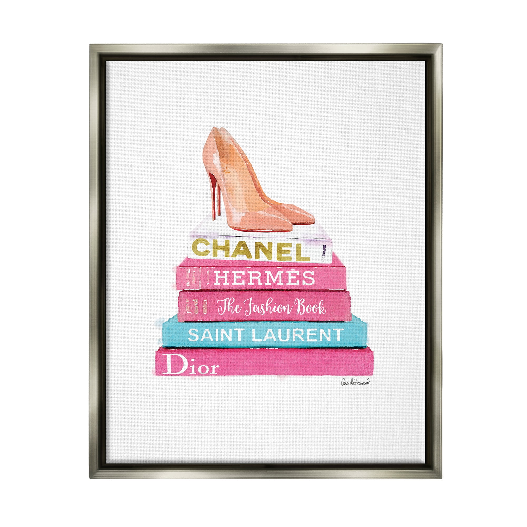 Stupell Industries Fashion Bookstack Heels Beauty & Fashion Painting Gray Floater Framed Canvas Art Print Wall Art, 17 x 21