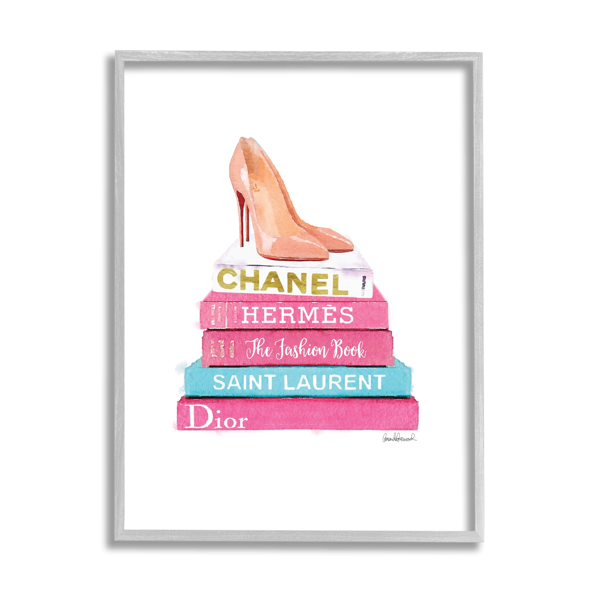 Stupell Industries Fashion Bookstack Heels Beauty & Fashion Painting Gray Framed Art Print Wall Art, 24 x 30