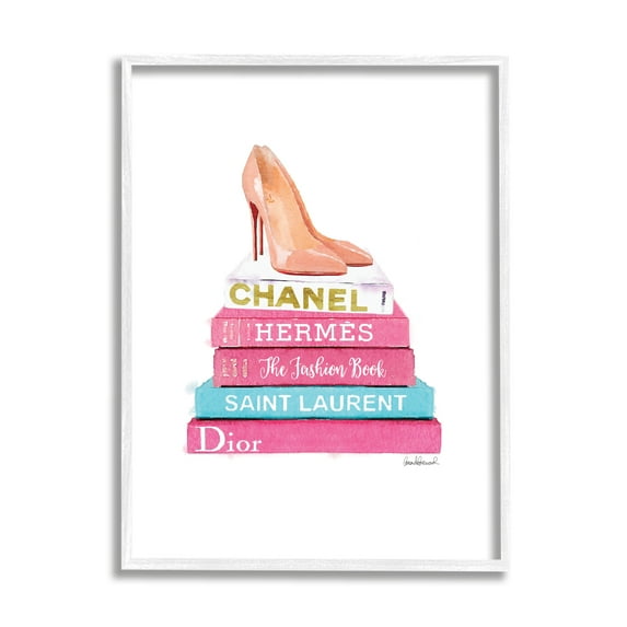 Stupell Industries Fashion Bookstack Heels Beauty & Fashion Painting White Framed Art Print Wall Art, 11 x 14