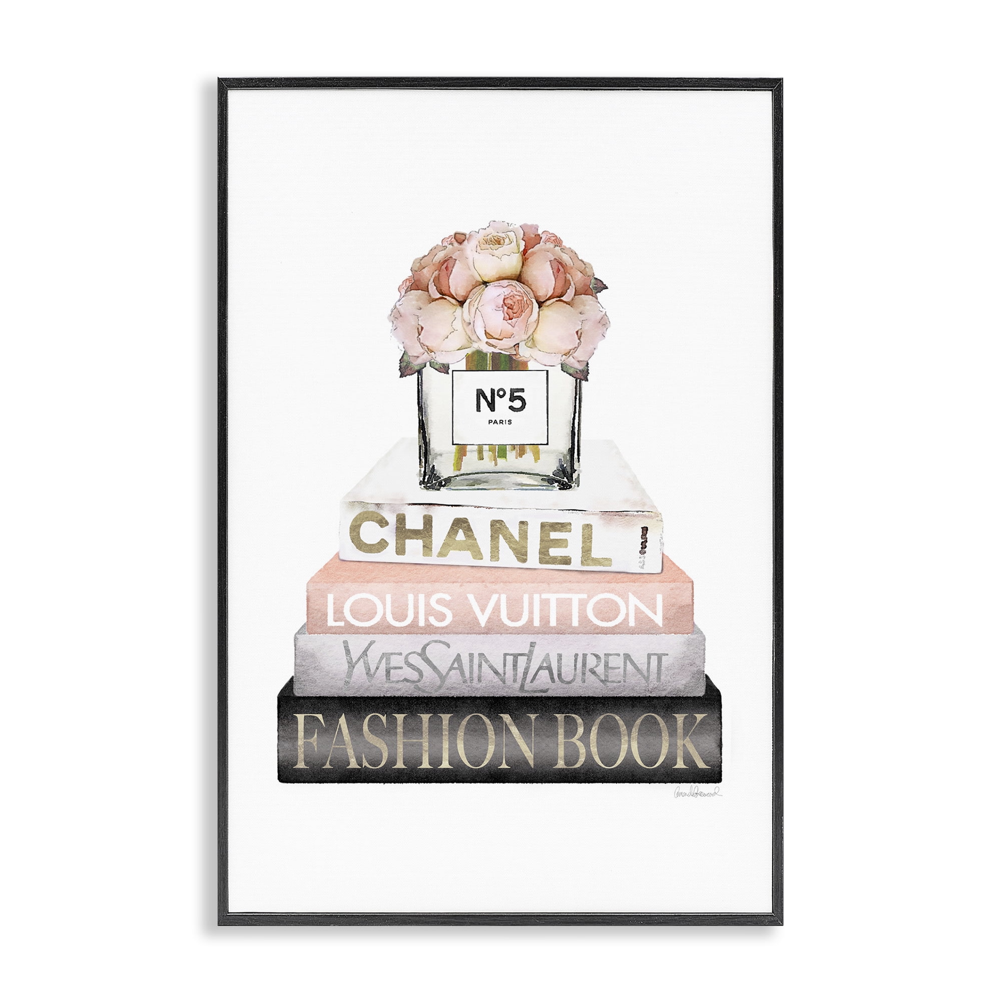 Stupell Industries Fashion Bookstack Peonies Botanical & Floral Painting Black Framed Art Print Wall Art, 12 x 18