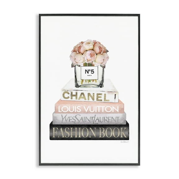 Stupell Industries Fashion Bookstack Peonies Botanical & Floral Painting Black Framed Art Print Wall Art, 12 x 18