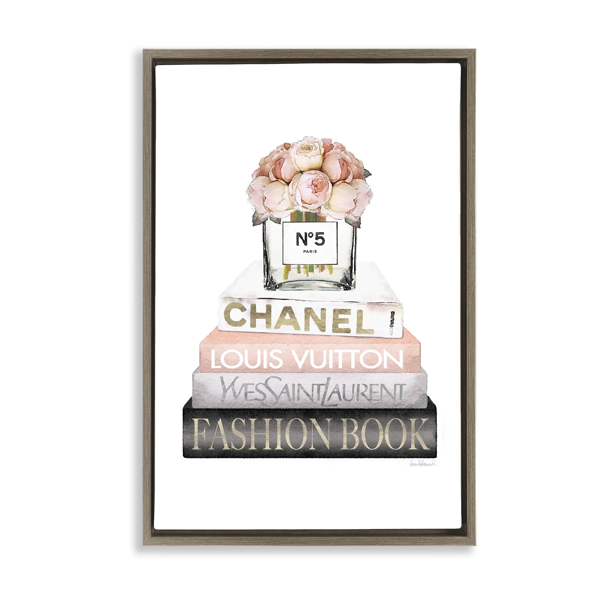 Stupell Industries Fashion Bookstack Peonies Botanical & Floral Painting Brown Floater Framed Art Print Wall Art, 17 x 25