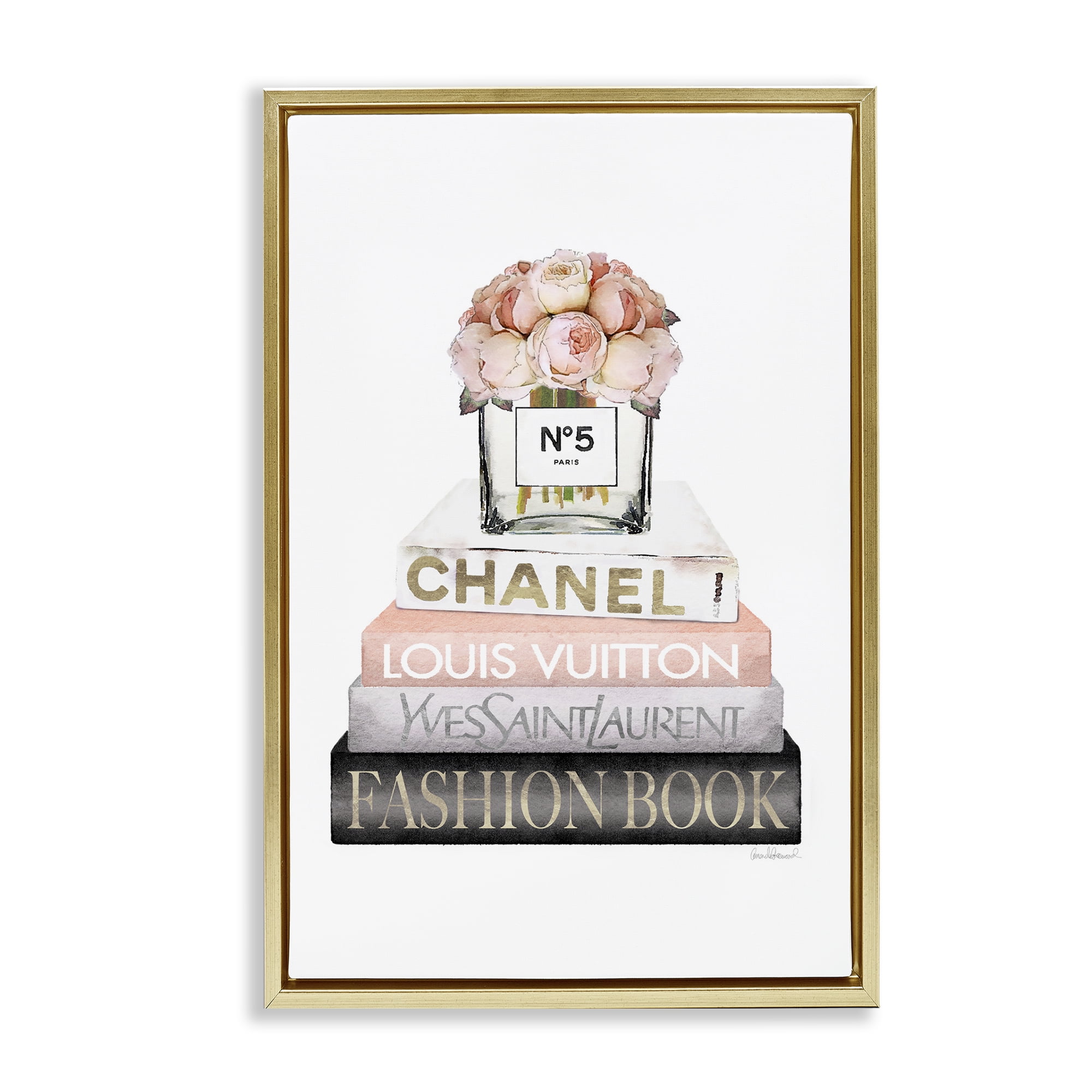 Stupell Industries Fashion Bookstack Peonies Botanical & Floral Painting Gold Floater Framed Art Print Wall Art, 21 x 31