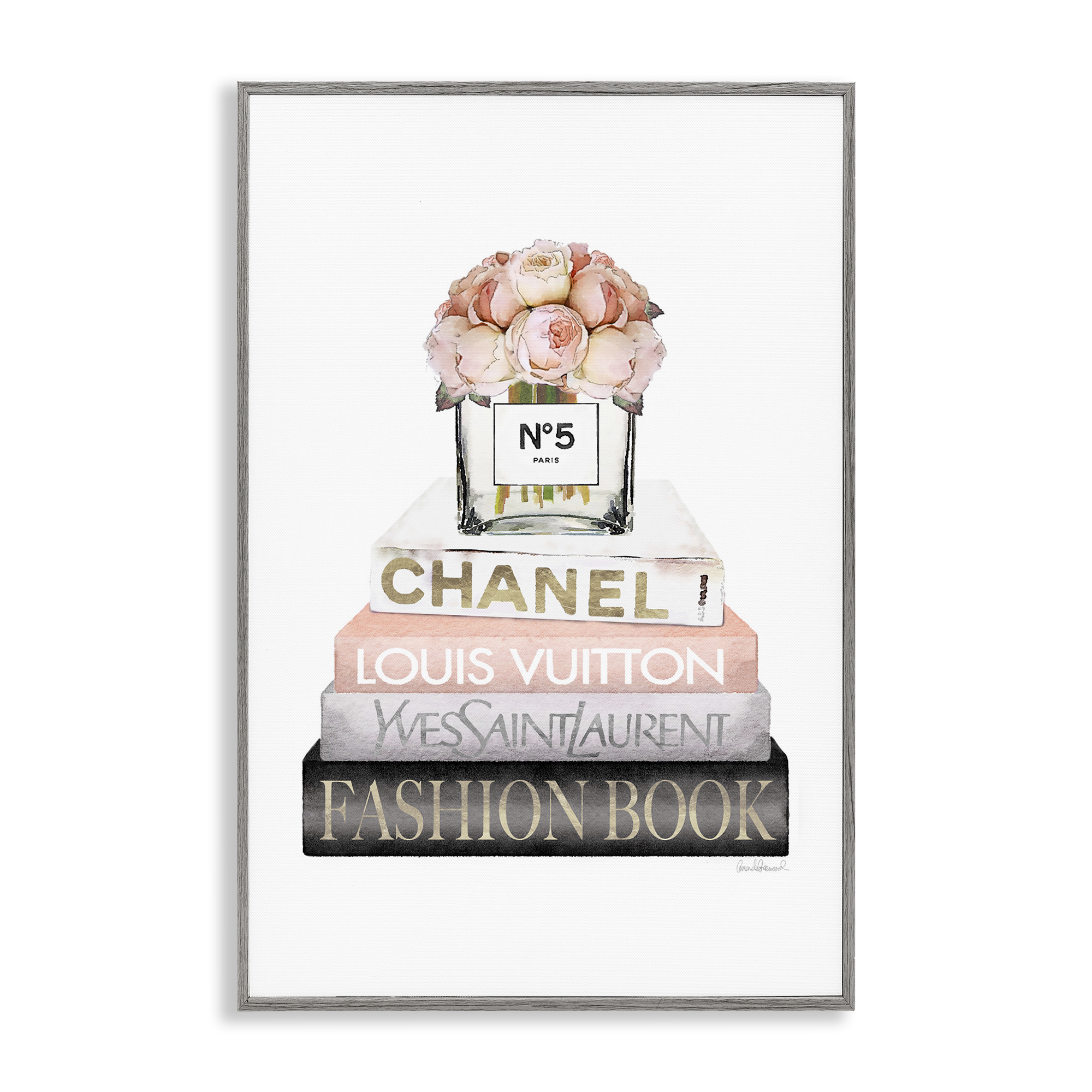 Stupell Industries Fashion Bookstack Peonies Botanical & Floral Painting Gray Framed Art Print Wall Art, 12 x 18
