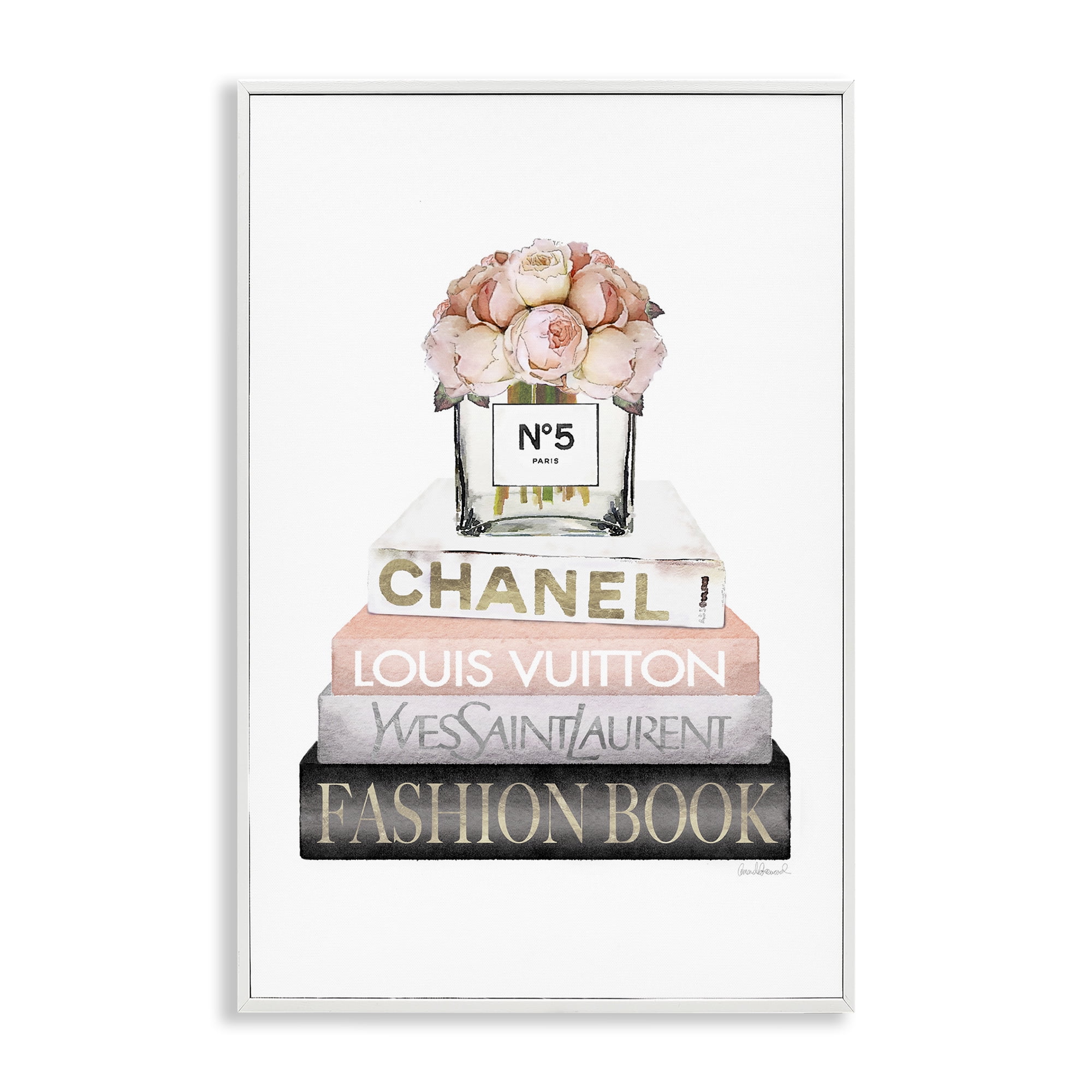 Stupell Industries Fashion Bookstack Peonies Botanical & Floral Painting White Framed Art Print Wall Art, 20 x 30