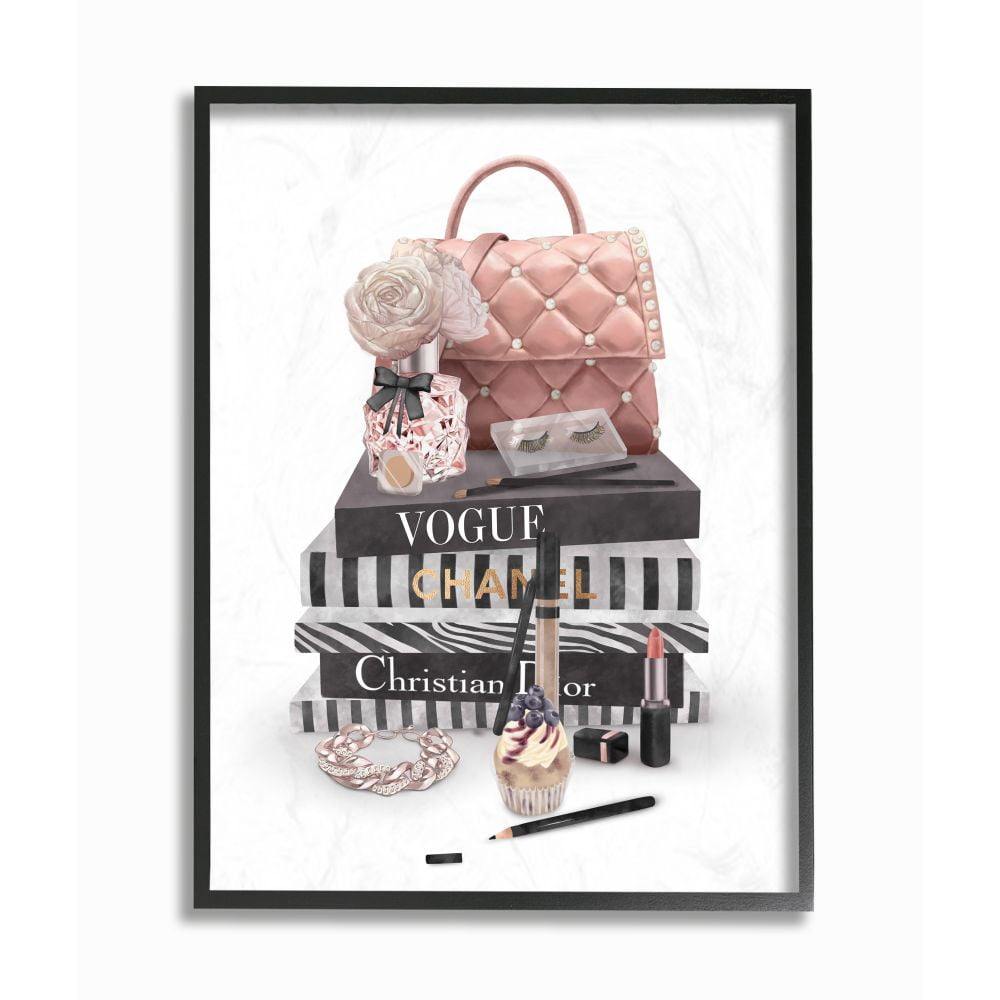 Stupell Industries Fashion Bookstack Purse Perfume Pink Glam Design Graphic Art Black Framed Art Print Wall Art, 16x20, by Ziwei Li