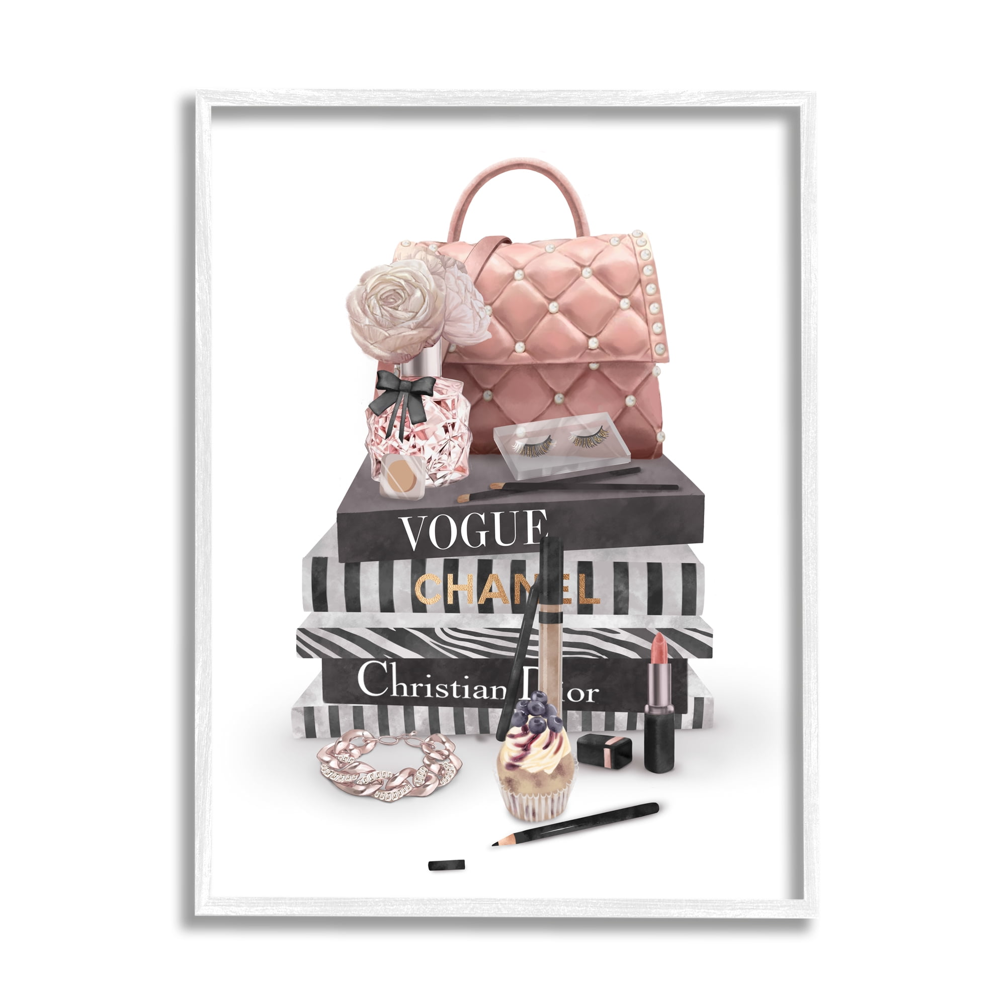 Stupell Industries Fashion Bookstack Purse Perfume Pink Glam Design Graphic Art White Framed Art Print Wall Art, 11x14, by Ziwei Li