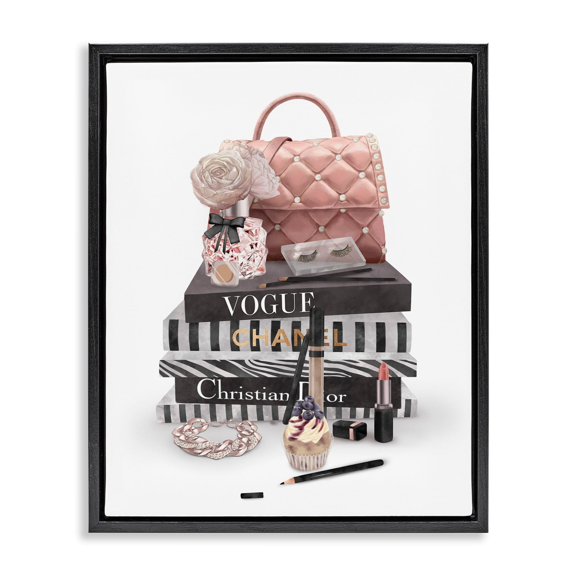 Stupell Industries Fashion Bookstack Purse Perfume Pink Glam Design Jet Black Framed Floating Canvas Wall Art, 16x20, by Ziwei Li
