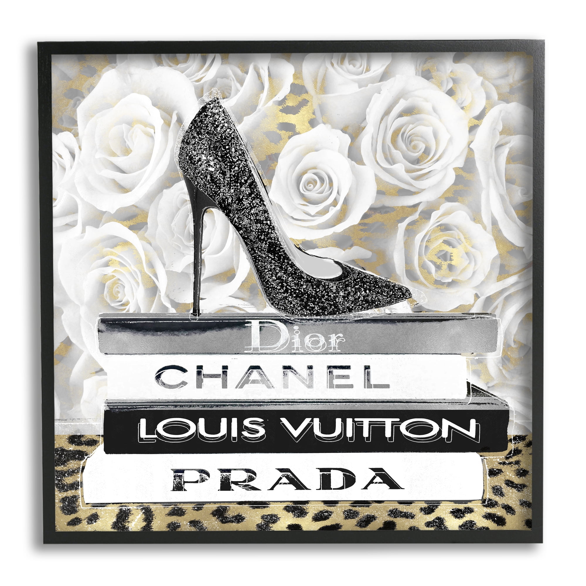 Stupell Industries Fashion Bookstack on Roses Beauty & Fashion Painting Black Framed Art Print Wall Art, 12 x 12