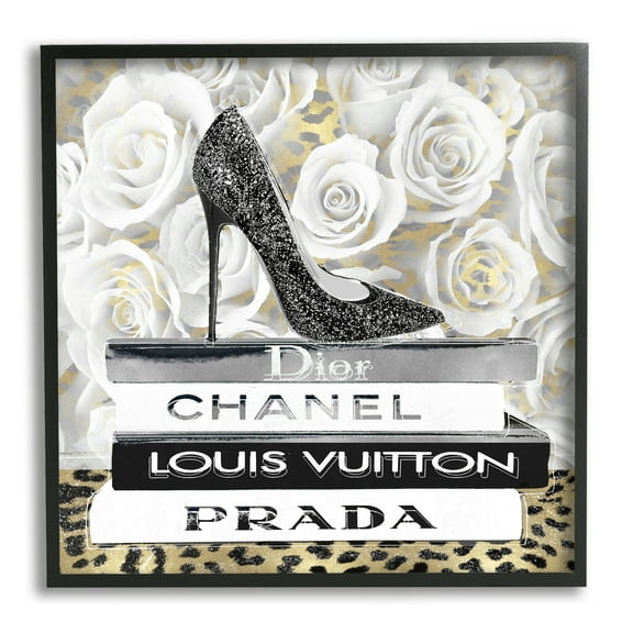 Stupell Industries Fashion Bookstack on Roses Beauty & Fashion Painting Black Framed Art Print Wall Art, 12 x 12