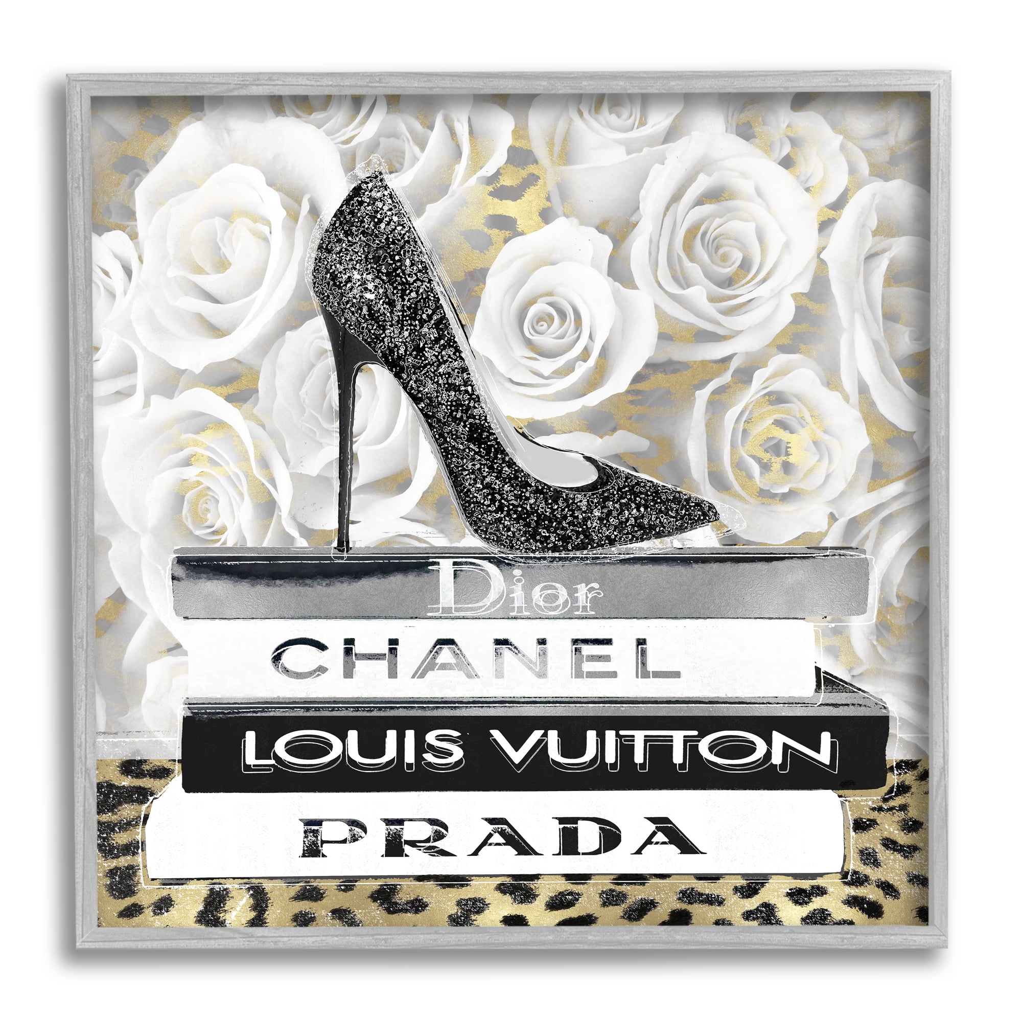 Stupell Industries Fashion Bookstack on Roses Beauty & Fashion Painting Gray Framed Art Print Wall Art, 12 x 12