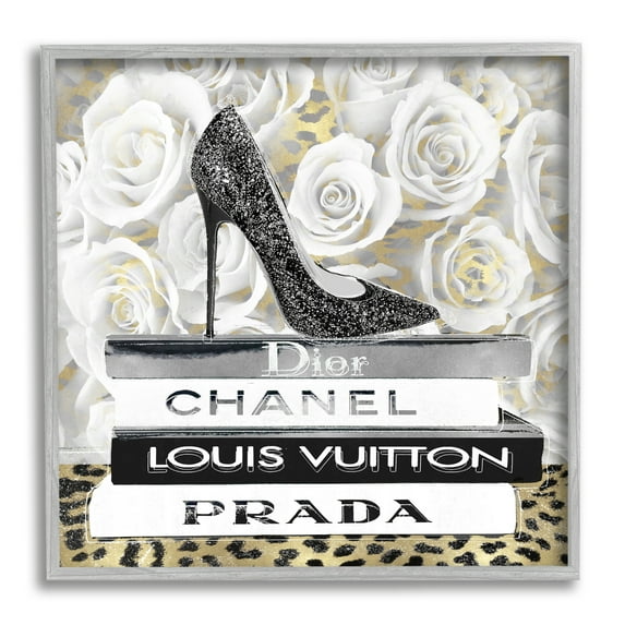 Stupell Industries Fashion Bookstack on Roses Beauty & Fashion Painting Gray Framed Art Print Wall Art, 12 x 12