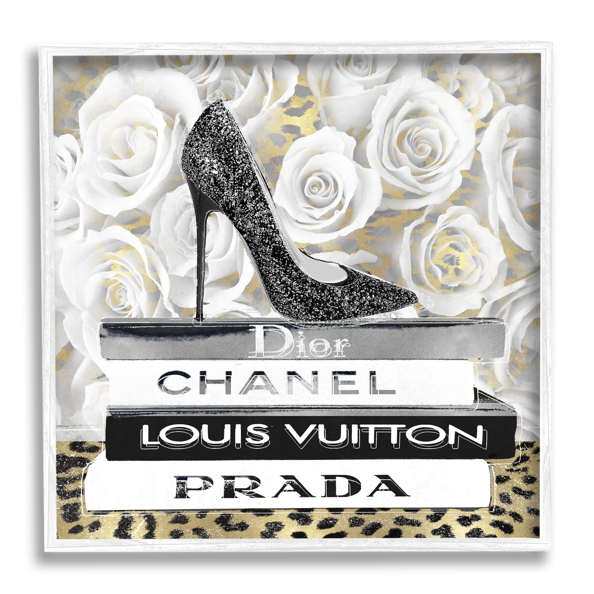 Stupell Industries Fashion Bookstack on Roses Beauty & Fashion Painting White Framed Art Print Wall Art, 17 x 17