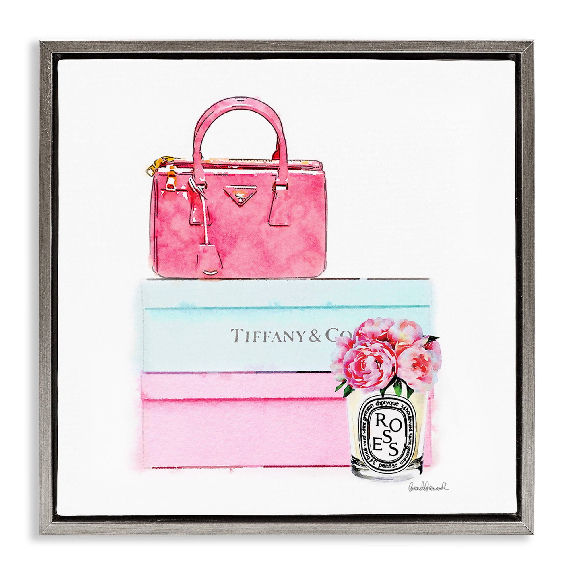 Stupell Industries Fashion Box & Roses Beauty & Fashion Painting Gray Floater Framed Canvas Art Print Wall Art, 18 x 18