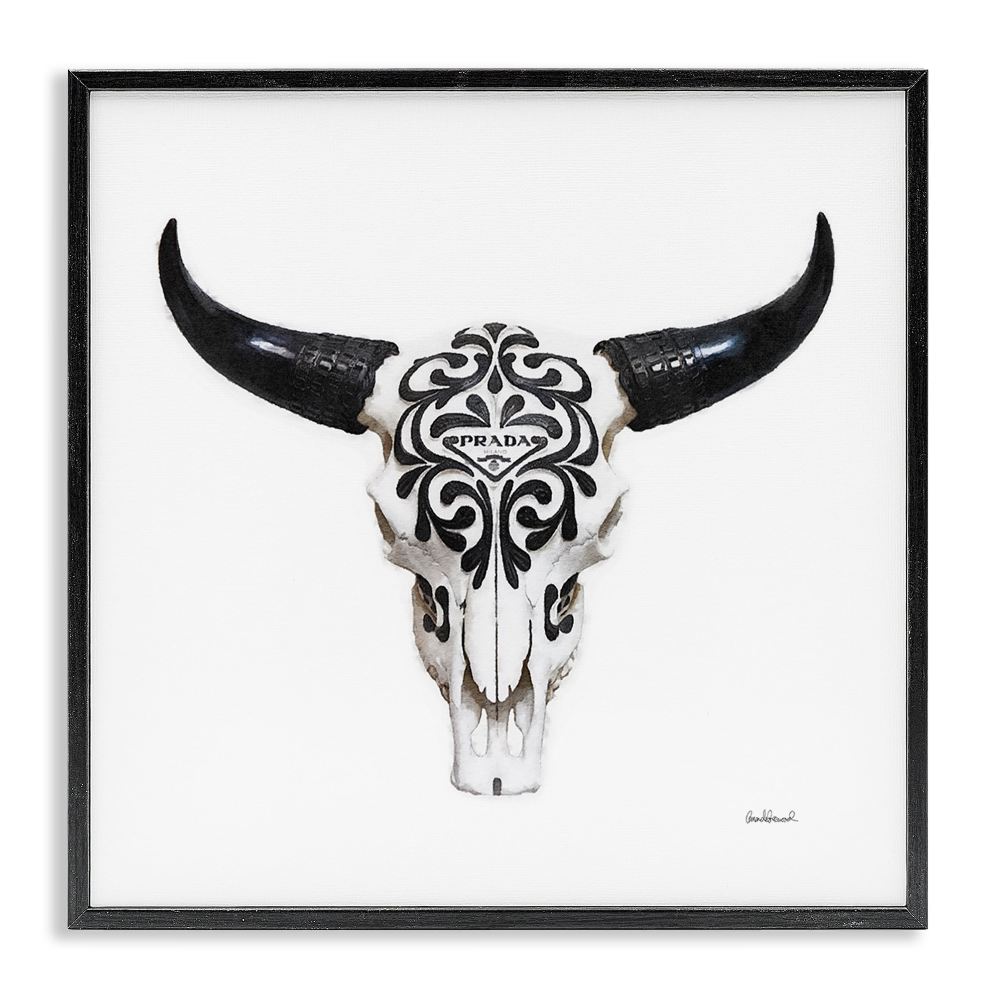 Stupell Industries Fashion Brand Cow Skull Fashion Painting Black Framed Art Print Wall Art, 17 x 17