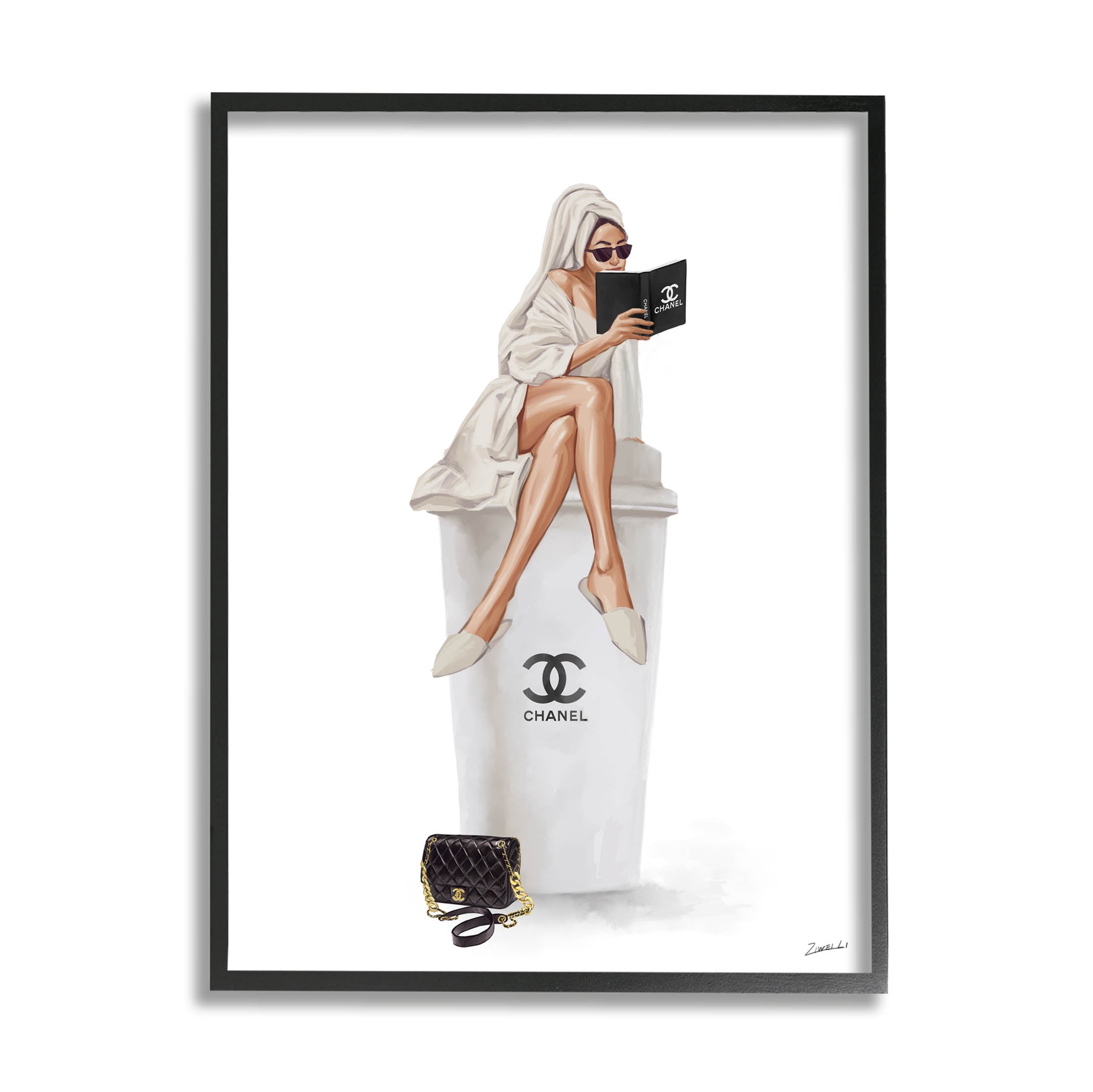 Stupell Industries Fashion Brand Emblem Coffee Cup Woman Graphic Art Black Framed Art Print Wall Art, Design by Ziwei Li