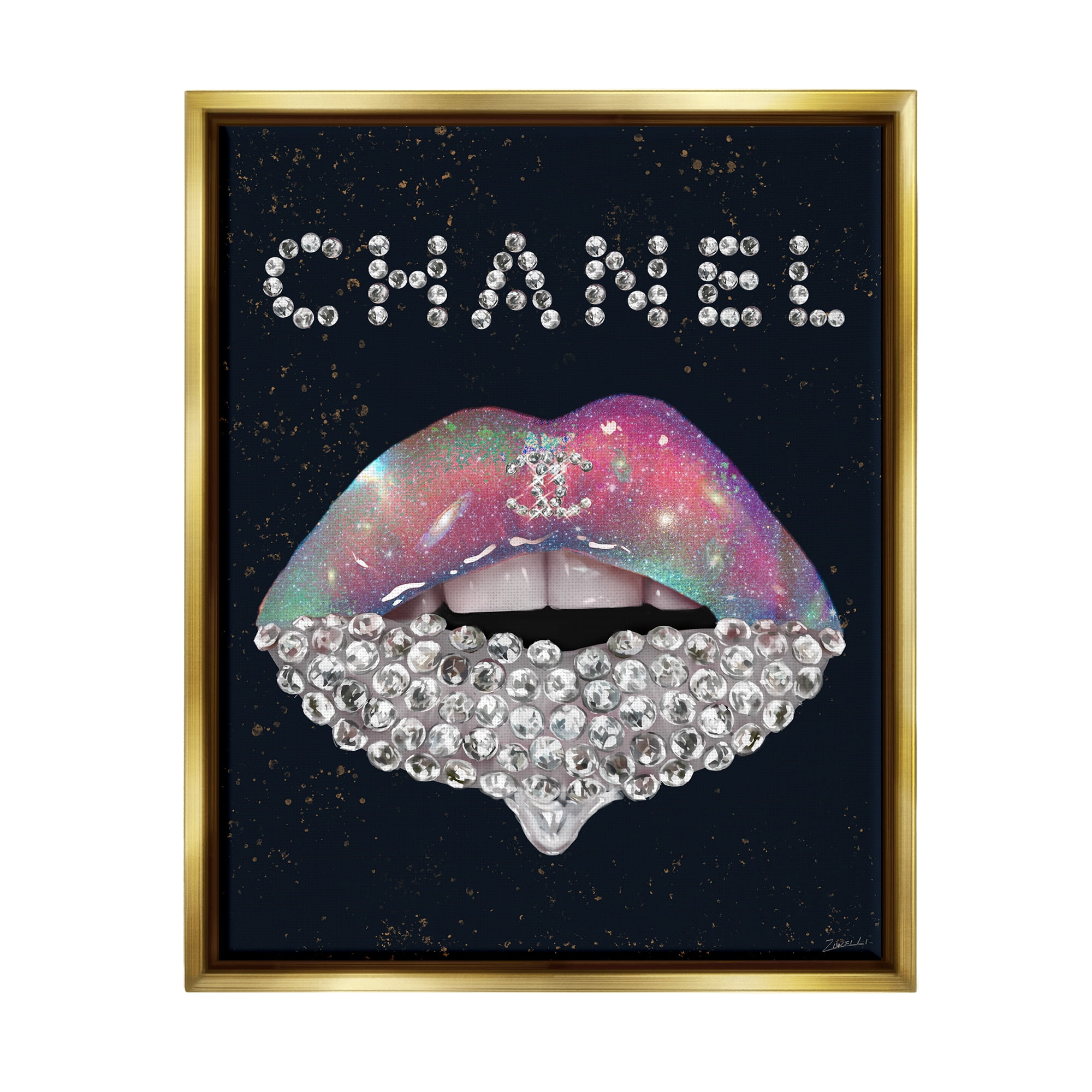 Stupell Industries Fashion Brand Glam Lips Beauty & Fashion Painting Gold Floater Framed Art Print Wall Art, 17 x 21