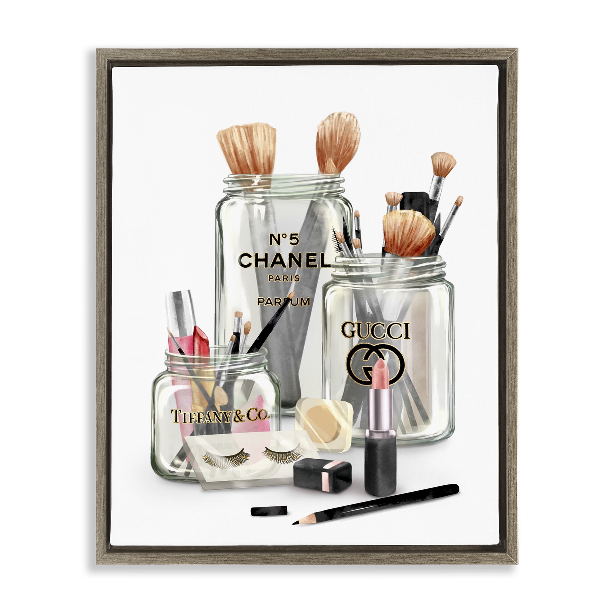 Stupell Industries Fashion Brand Makeup In Jars Beauty & Fashion Painting Brown Floater Framed Canvas Art Print Wall Art, 25 x 31