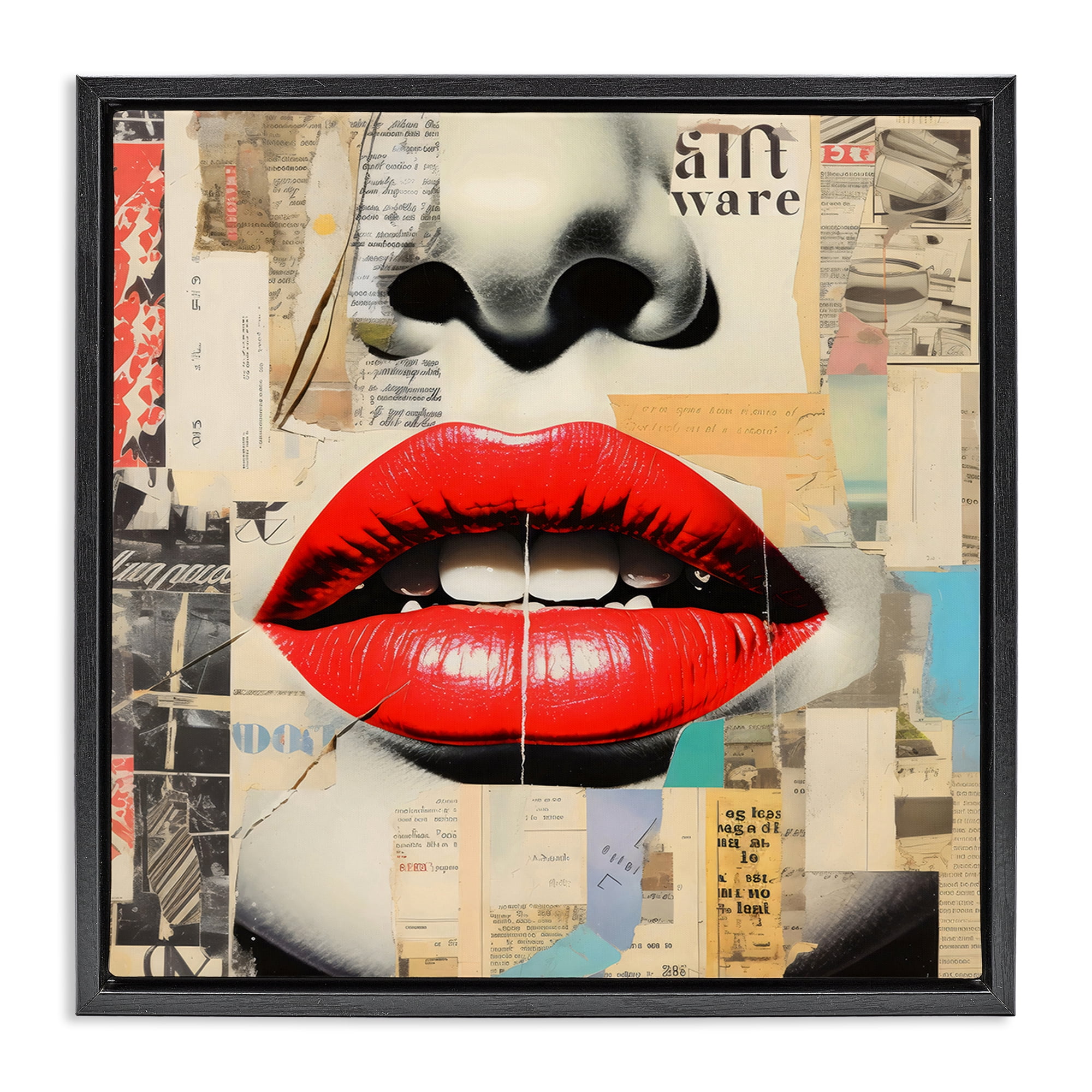 Stupell Industries Fashion Collage with Scarlet Lips Black Framed Floater Canvas Wall Art, design by Creative Studio