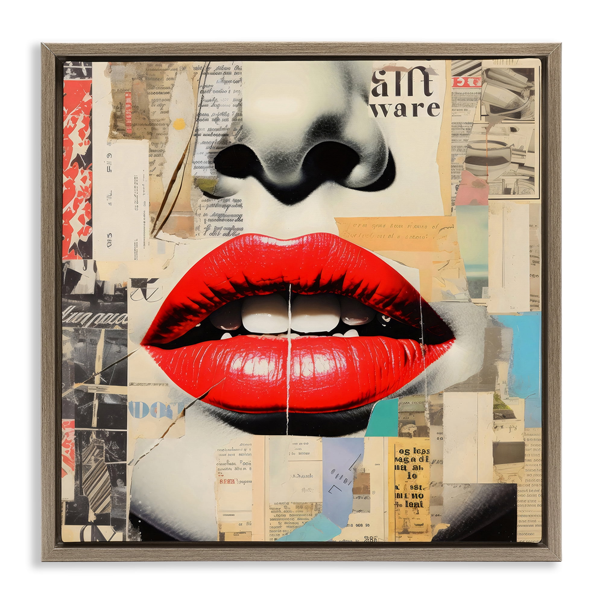 Stupell Industries Fashion Collage with Scarlet Lips Brown Framed Floater Canvas Wall Art, design by Creative Studio