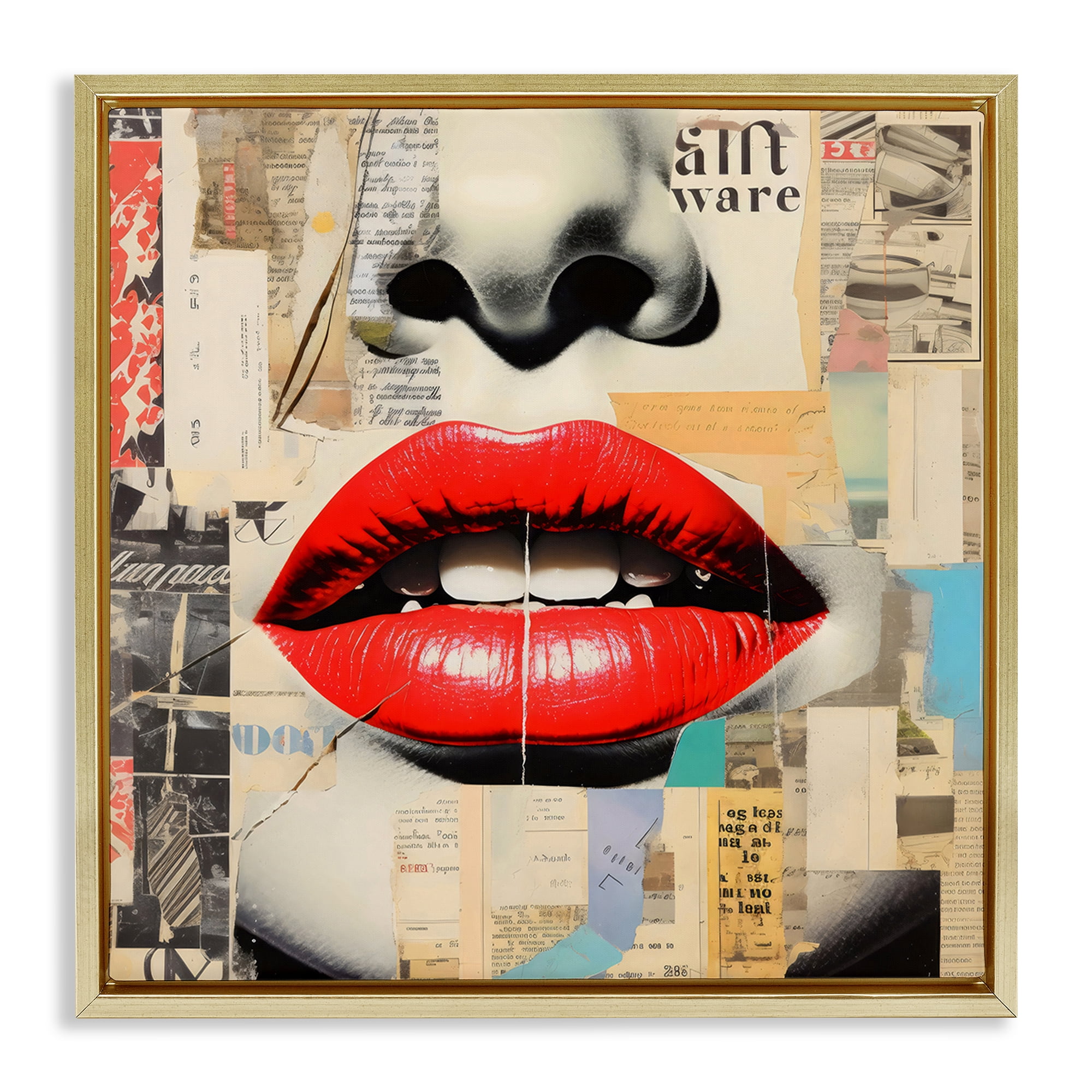 Stupell Industries Fashion Collage with Scarlet Lips Gold Framed Floater Canvas Wall Art, design by Creative Studio