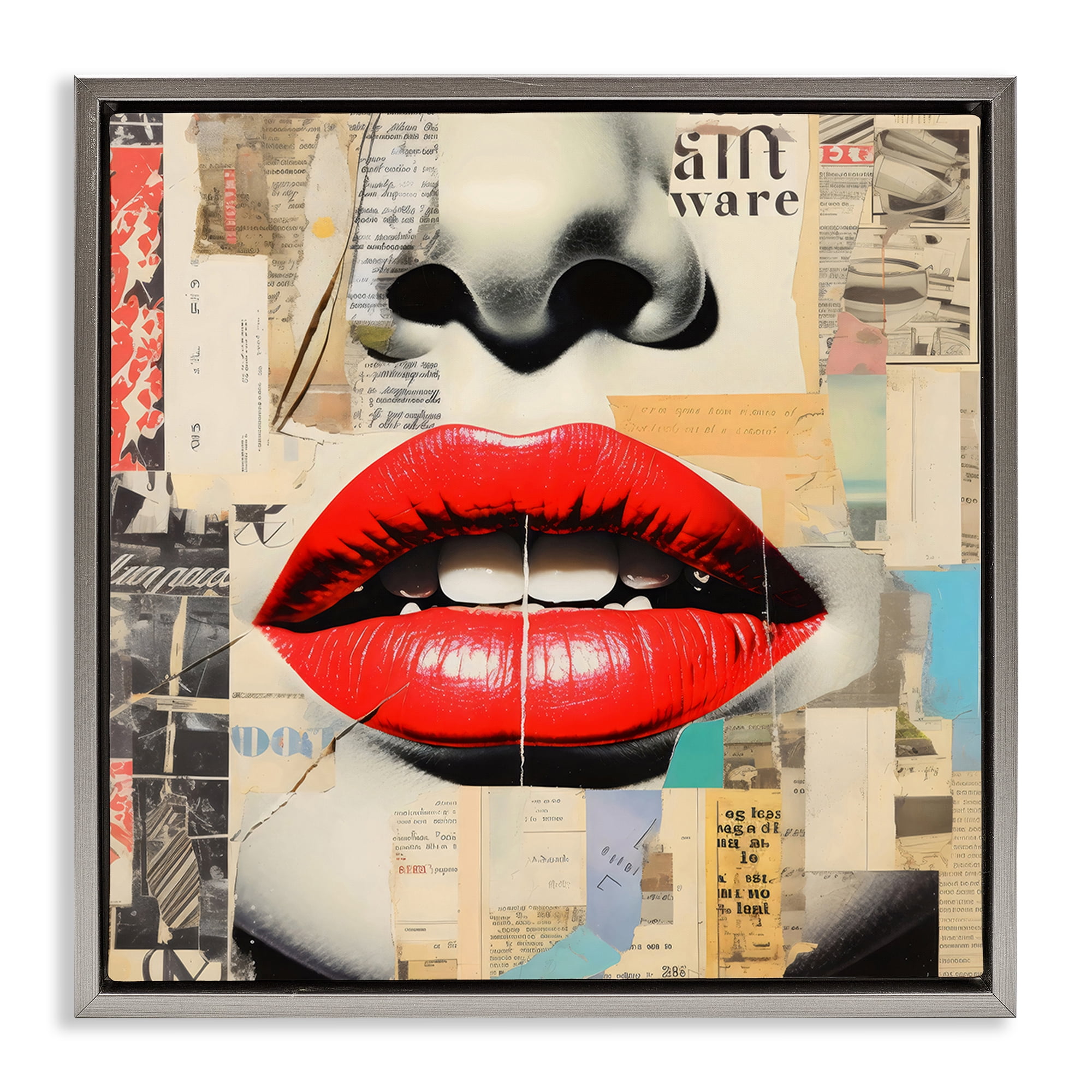 Stupell Industries Fashion Collage with Scarlet Lips Gray Framed Floater Canvas Wall Art, design by Creative Studio