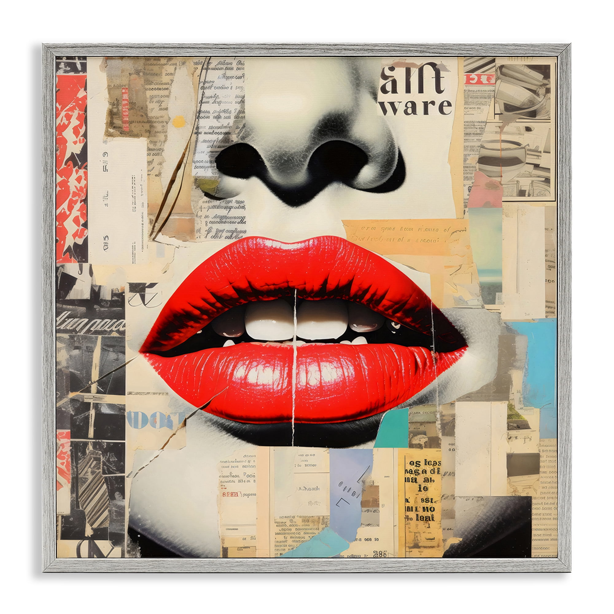 Stupell Industries Fashion Collage with Scarlet Lips Gray Framed Giclee Art, design by Creative Studio