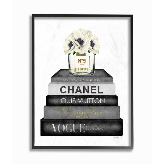 Stupell Industries Fashion Designer Flower Bookstack Black And White Watercolor Framed Wall Art by Amanda Greenwood