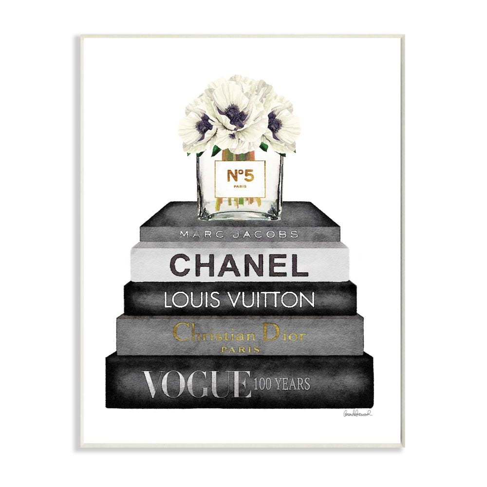 Stupell Industries Fashion Designer Flower Bookstack Black And White Watercolor Wall Plaque by Amanda Greenwood