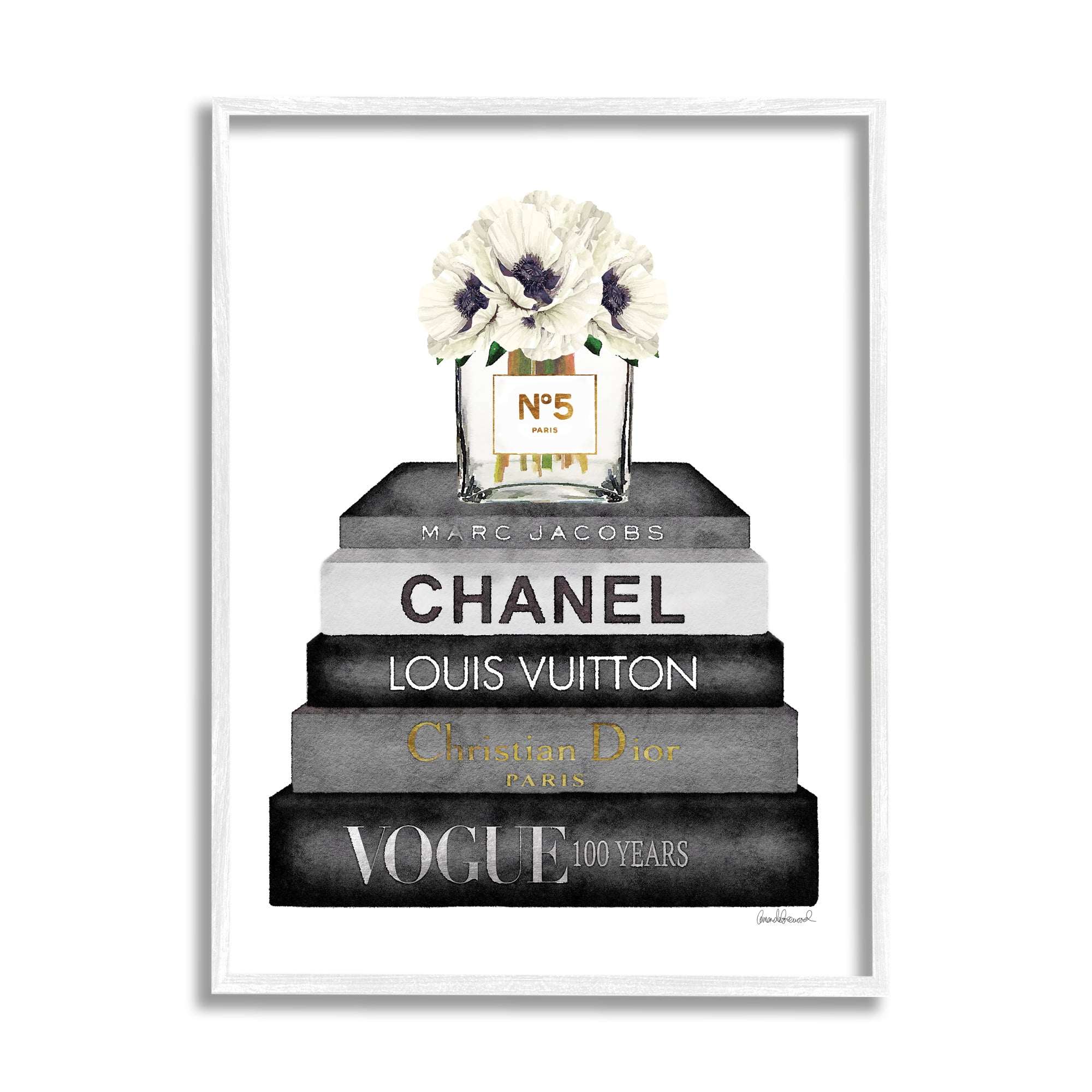 Stupell Industries Fashion Designer Flower Bookstack Black And White Watercolor White Framed Art Print Wall Art, 16x20, by Amanda Greenwood