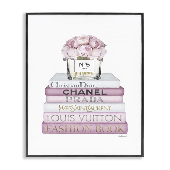 Stupell Industries Glam Fashion Designer Flower Bookstack Pink White Watercolor Black Framed Giclee Art, 16 x 20, by Amanda Greenwood