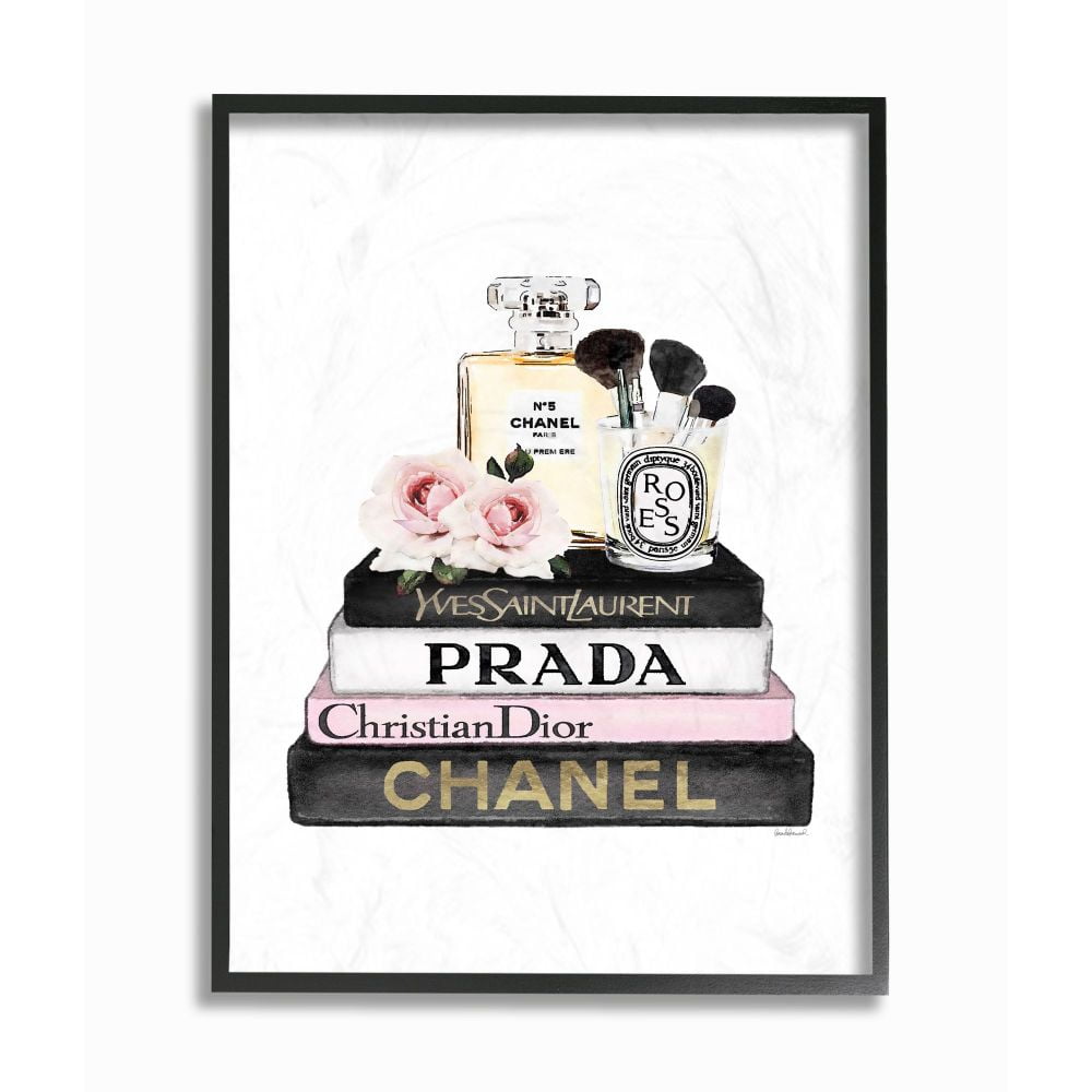 Stupell Industries Fashion Designer Flower Makeup Bookstack Black Pink Watercolor Framed Wall Art by Amanda Greenwood