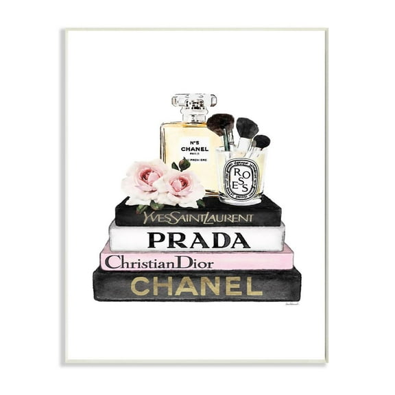 Stupell Industries Fashion Designer Flower Makeup Bookstack Black Pink Watercolor Wall Plaque by Amanda Greenwood