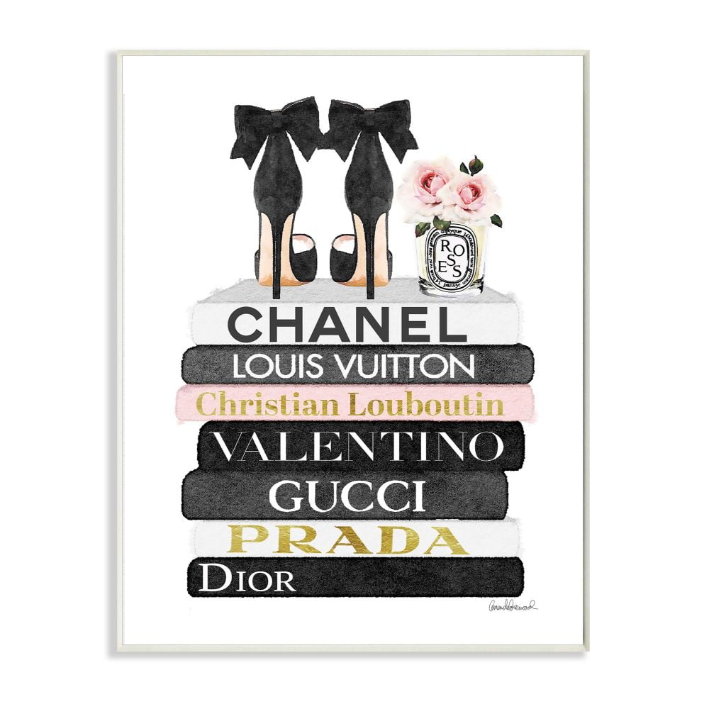 Stupell Industries Fashion Designer Flower Shoes Bookstack Pink Black Watercolor Wall Plaque by Amanda Greenwood