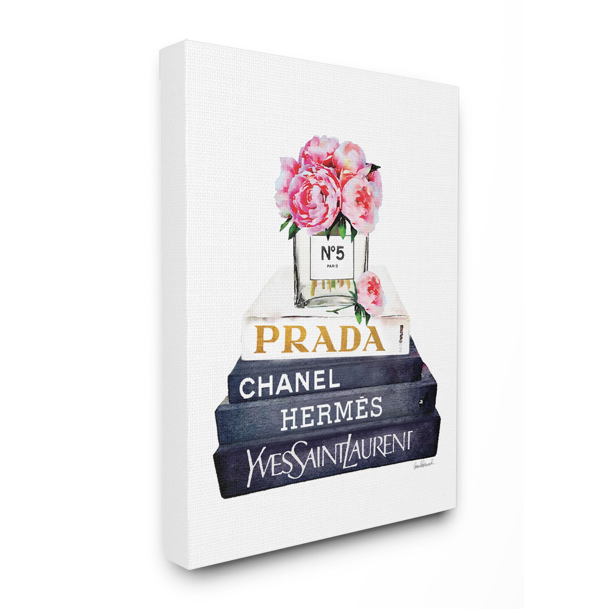 Stupell Industries Fashion Designer Flowers Bookstack Blue Gold Watercolor Canvas Wall Art by Amanda Greenwood