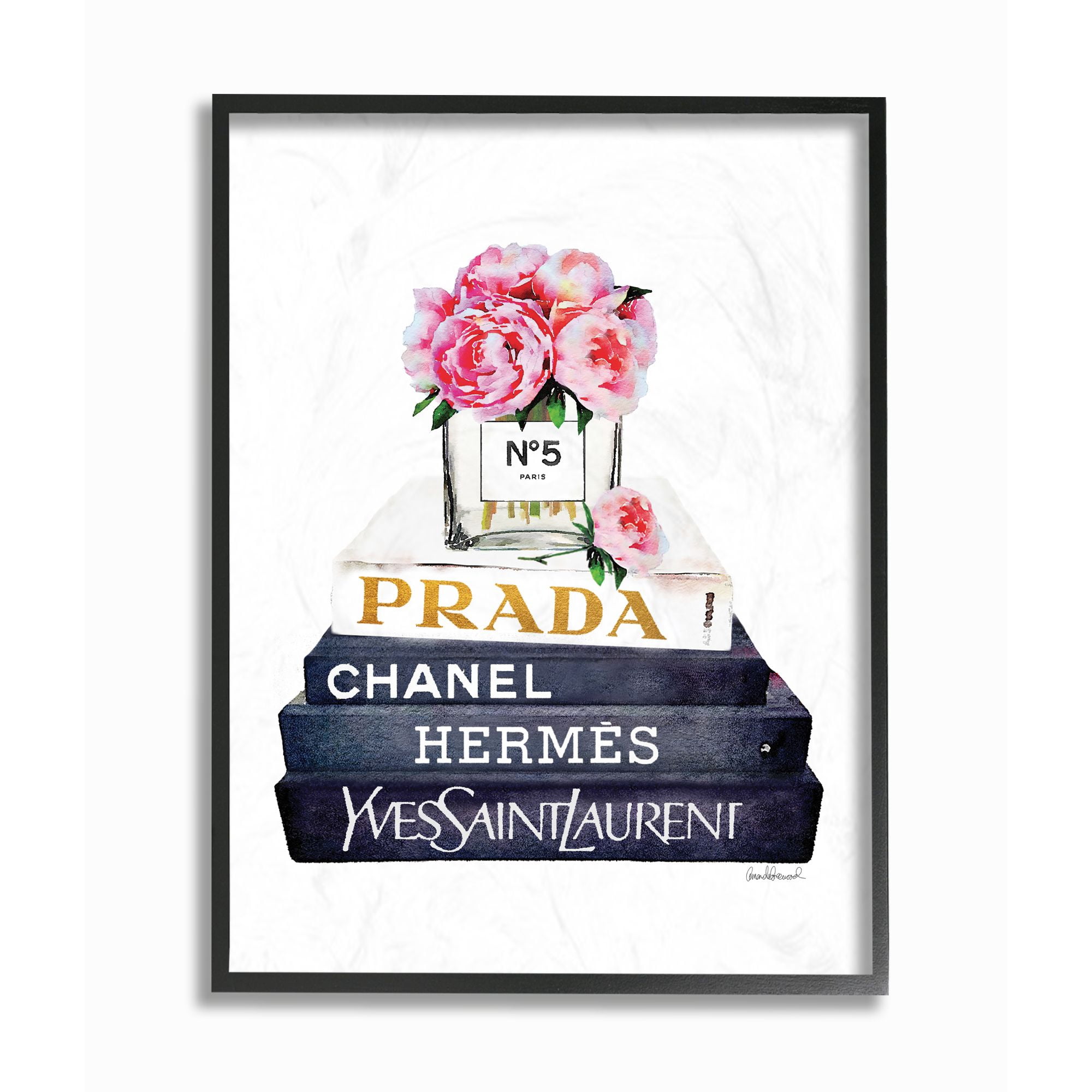 Stupell Industries Fashion Designer Flowers Bookstack Blue Gold Watercolor Framed Wall Art by Amanda Greenwood