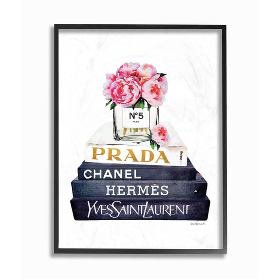 Stupell Industries Fashion Designer Flowers Bookstack Blue Gold Watercolor Framed Wall Art by Amanda Greenwood