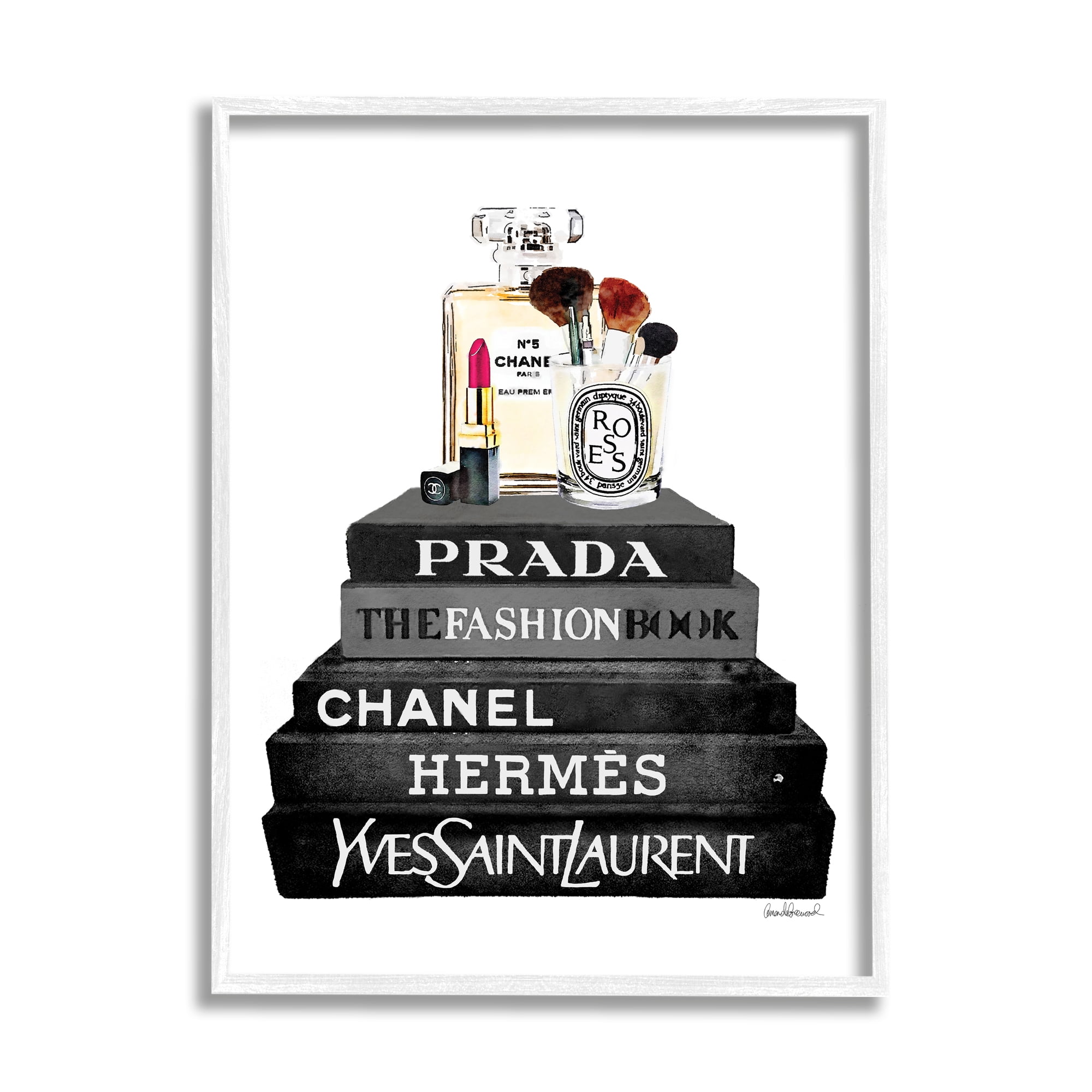 Stupell Industries Fashion Designer Makeup Bookstack Black And White Watercolor , 11 x 14,Design by Amanda Greenwood