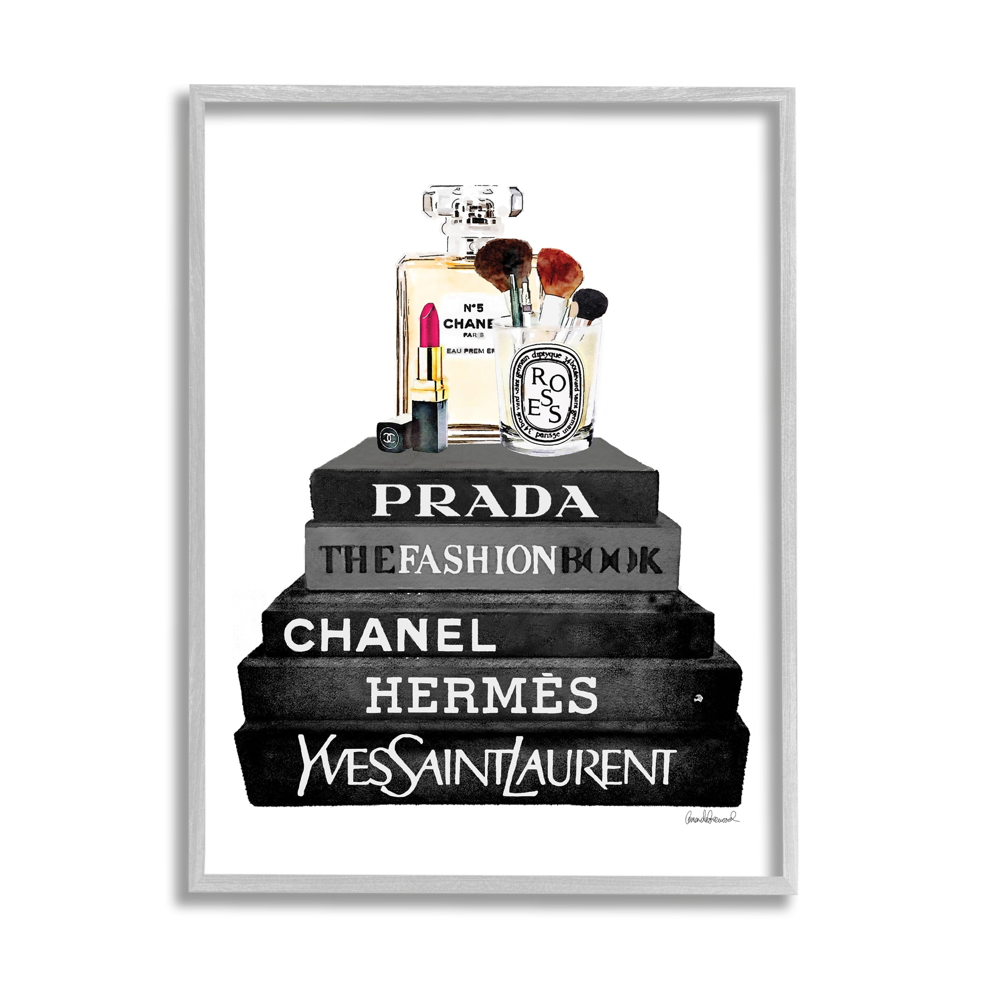 Stupell Industries Fashion Designer Makeup Bookstack Black And White Watercolor , 16 x 20,Design by Amanda Greenwood