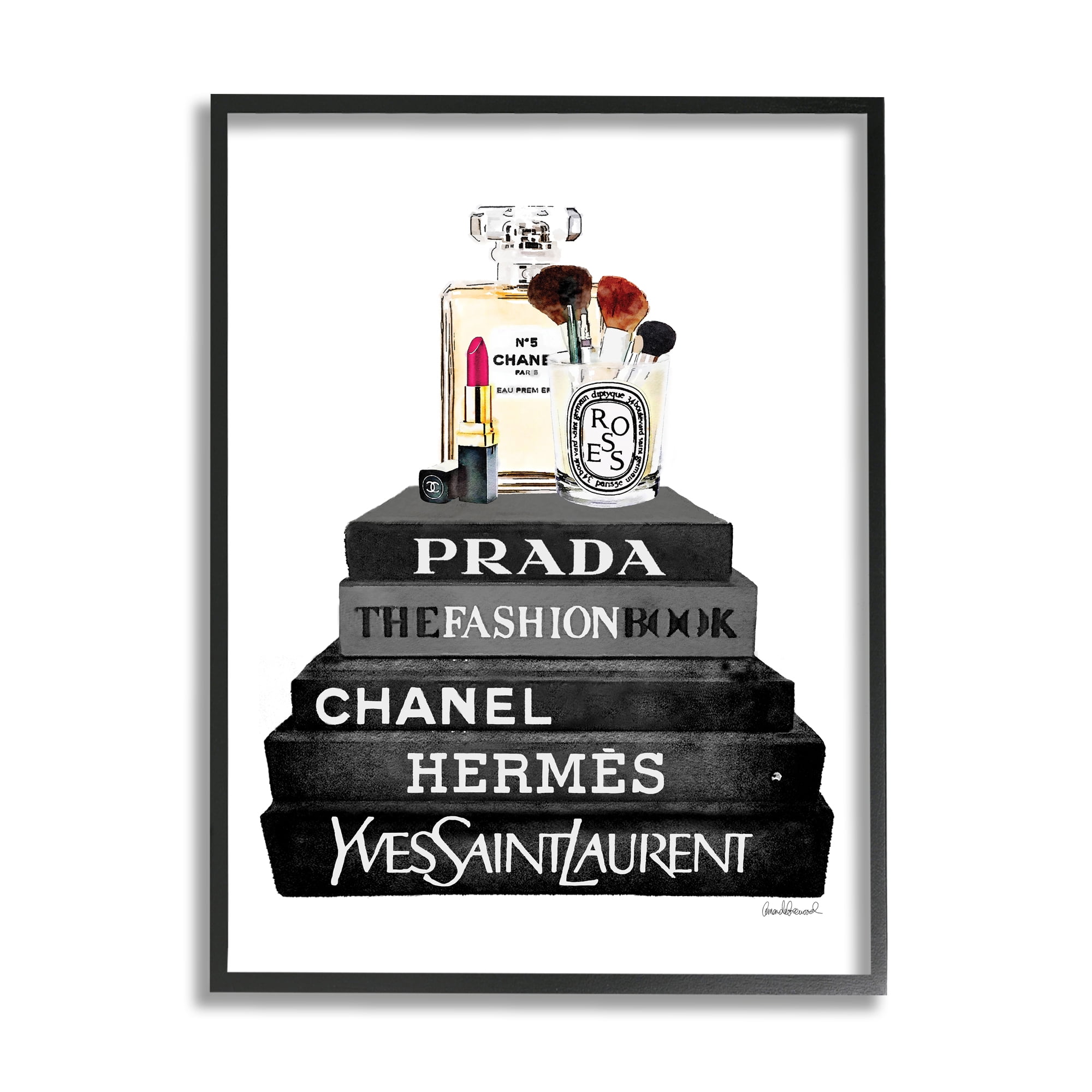 Stupell Industries Fashion Designer Makeup Bookstack Black And White Watercolor Framed Wall Art by Amanda Greenwood